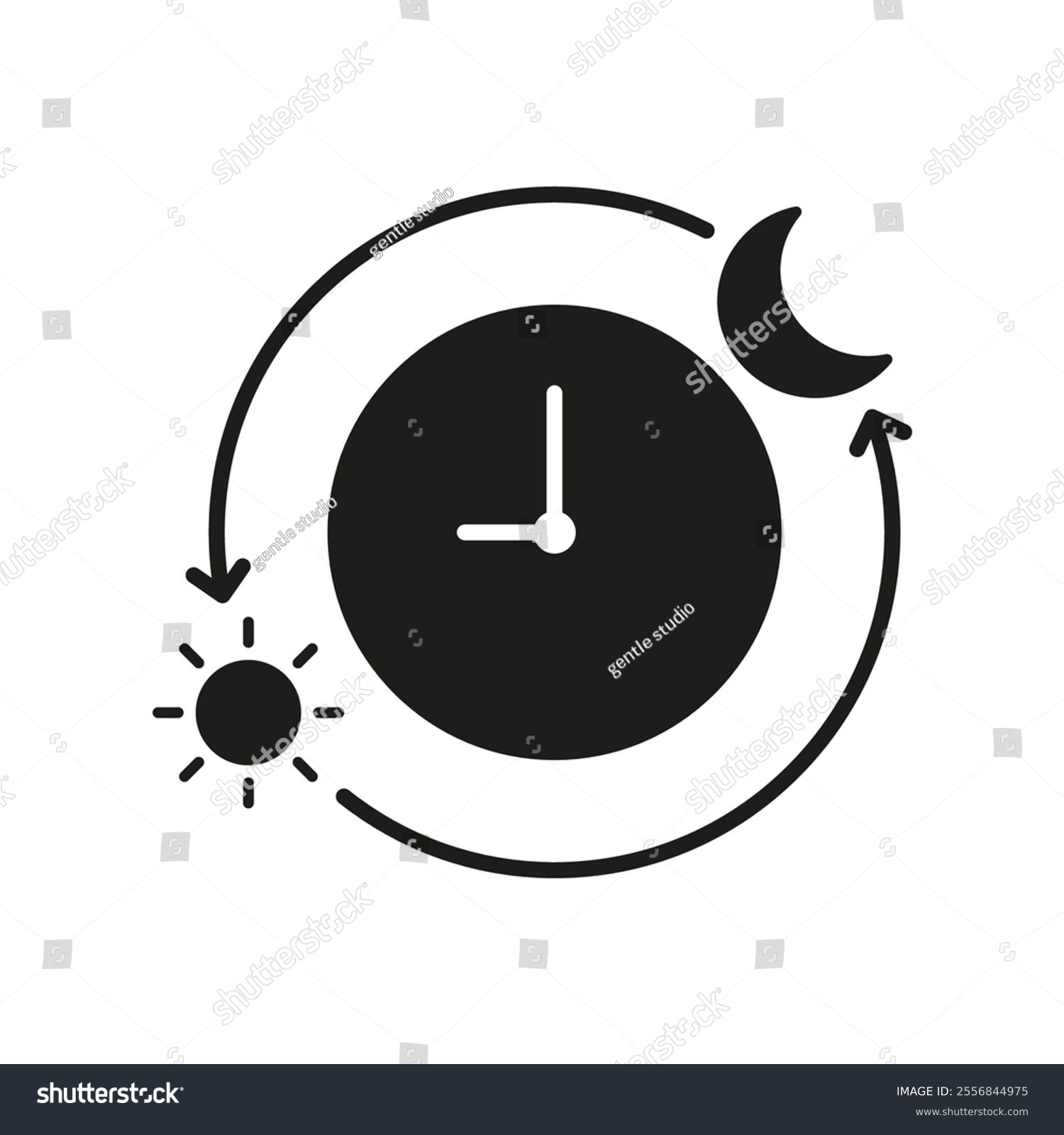 recommend clip art: Clock With Day And Night Cycle Silhouette Icon. Circadian Rhythm With Sun And Moon Glyph Symbol. Day And Night Transition. Isolated Vector Illustration.