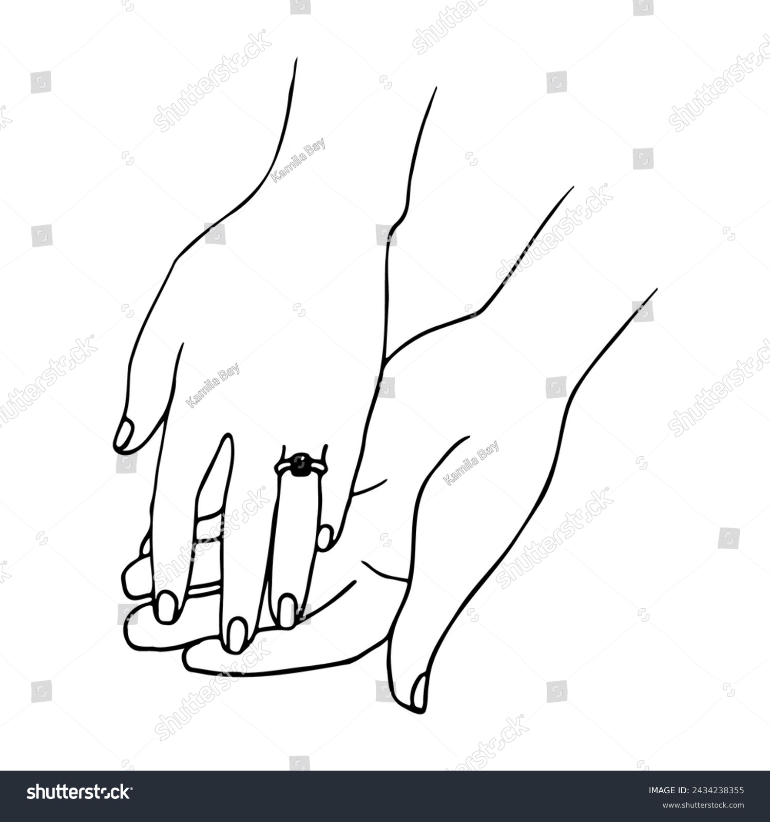 SVG of Close-up of a man's hand with the inner part of the palm upwards, from above a woman's hand with a diamond ring on the ring finger. hand drawn linear wedding or engagement svg