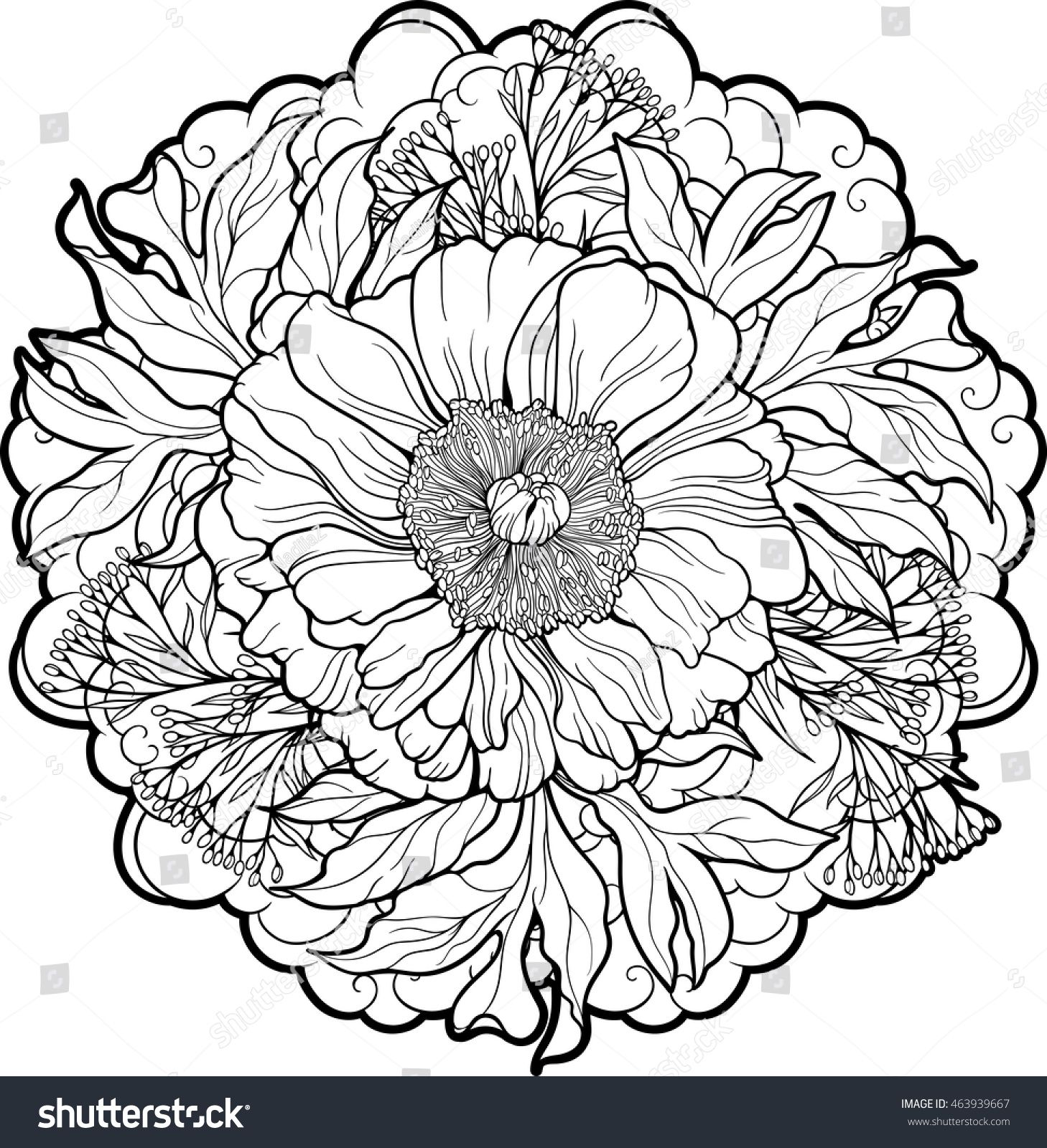 Closeup View Peony Flower Coloring Page Stock Vector 463939667