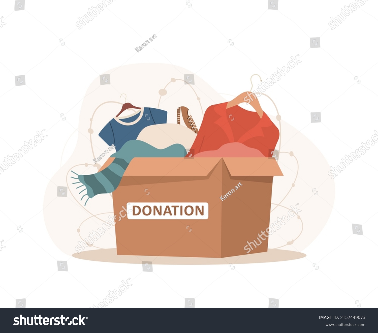 SVG of Clothes donation. Cardboard box full of different things. Volunteering and social care concept. Support for poor people. International charity day. Vector illustration in cartoon style. svg