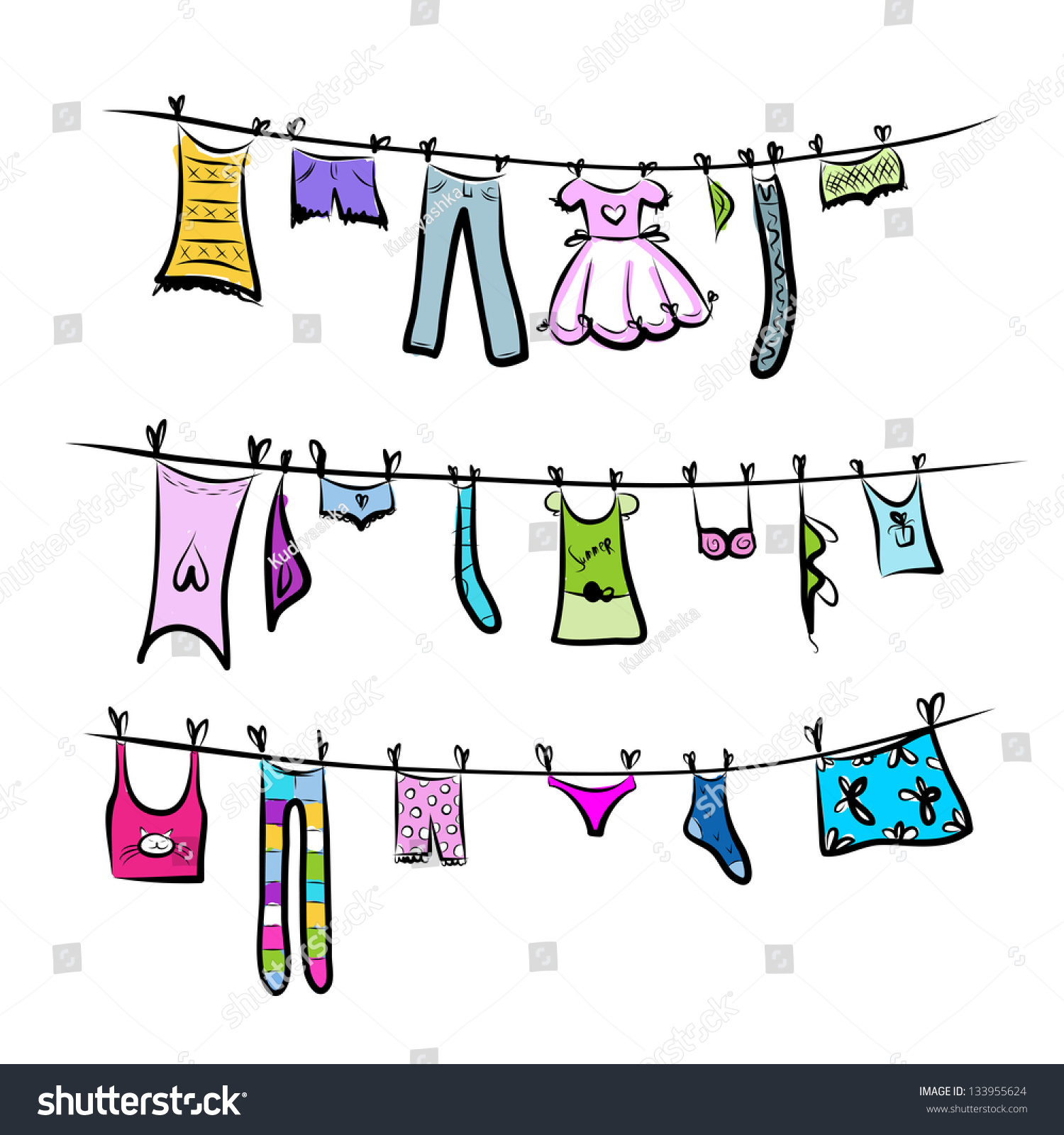 Clothes On The Clothesline. Sketch For Your Design Stock Vector ...