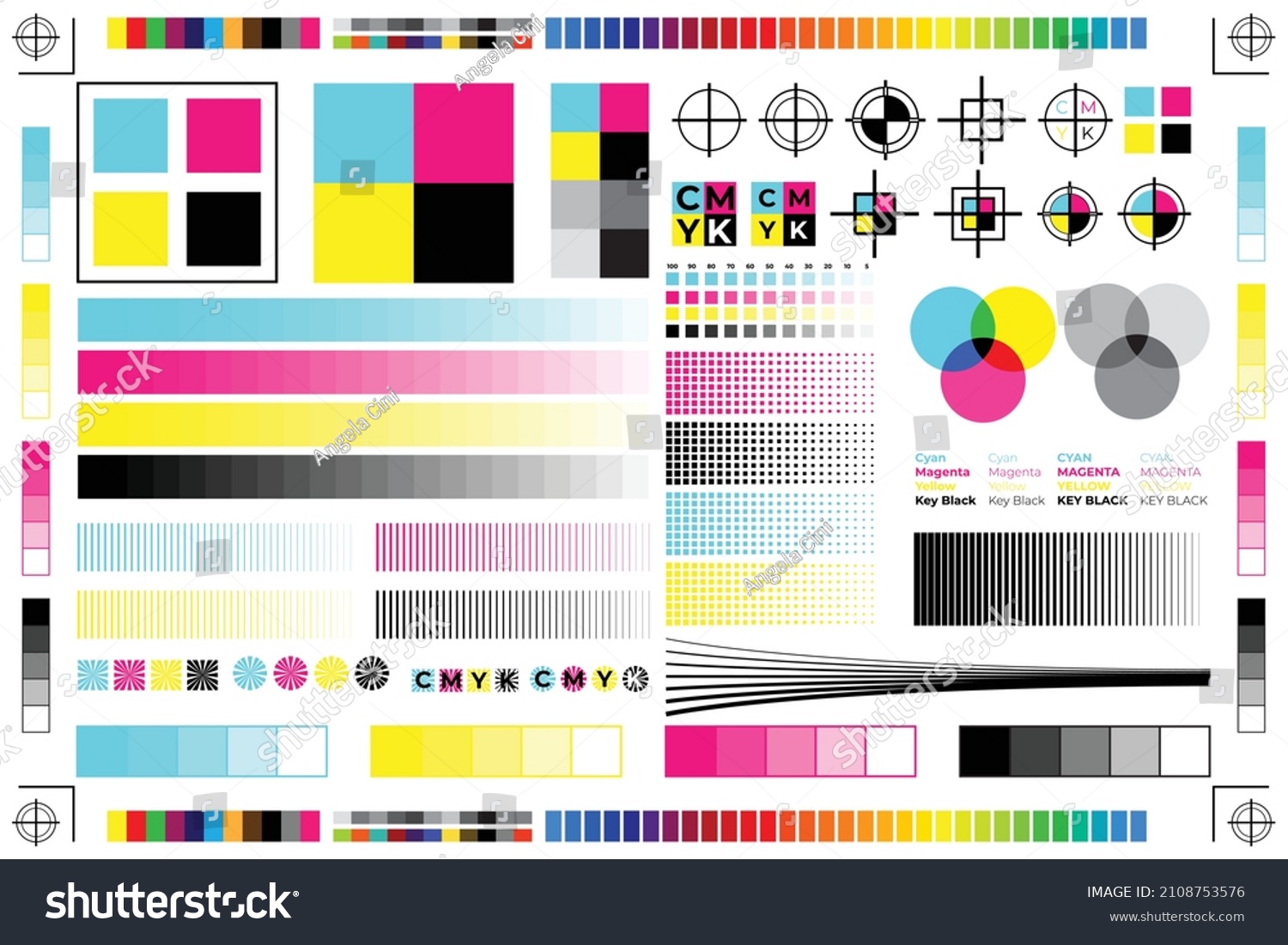 SVG of CMYK Print Calibration Illustration with Offset Printing Marks and Color Test svg