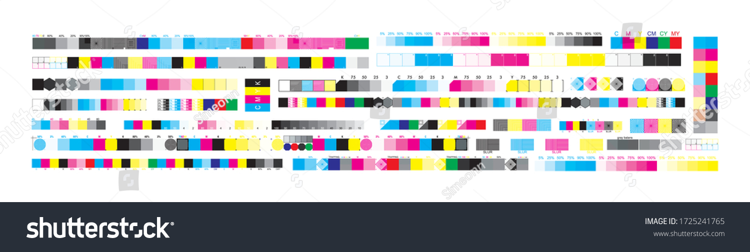 SVG of CMYK print test control scales. Vector set color bar CMYK and test chart offset. Print control strips color cmyk for prepress and print. svg