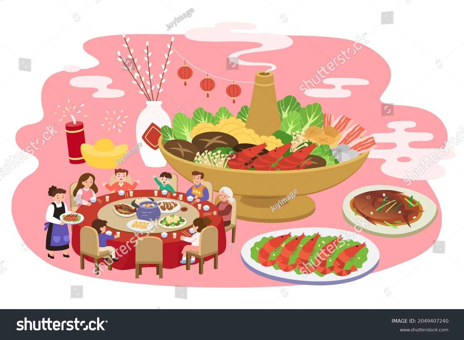SVG of CNY reunion dinner elements. Asian family group having reunion dinner on the round table at a restaurant and some special dishes are featured on the side svg