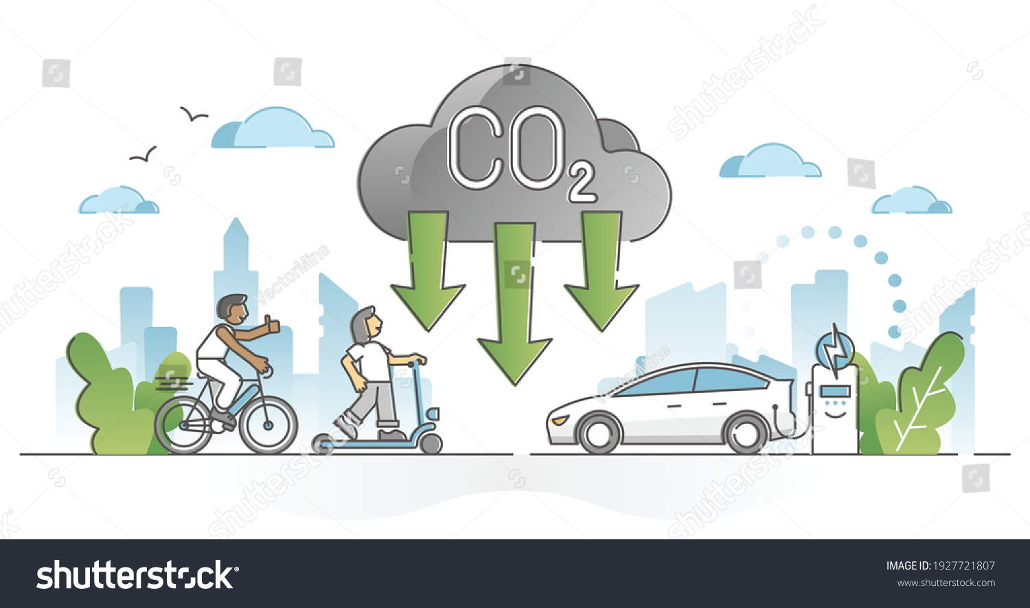 SVG of CO2 carbon dioxide emission reduction by alternative energy outline concept. Using fuel gas free transportation to decrease greenhouse level vector illustration. Environmental pure air preservation. svg