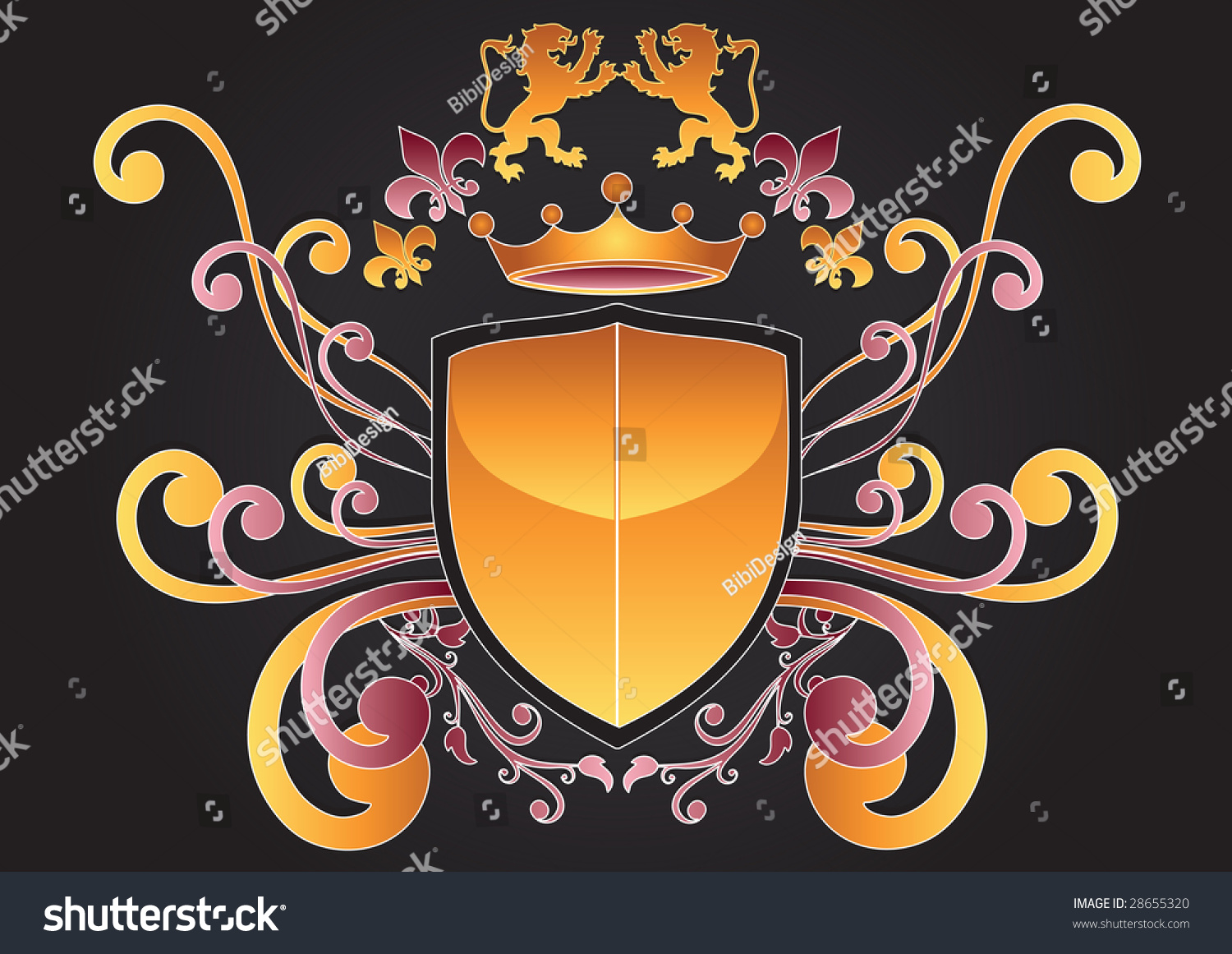 Coat Of Arms With Heraldic Lions, Fleur De Lis, Crown And Floral ...