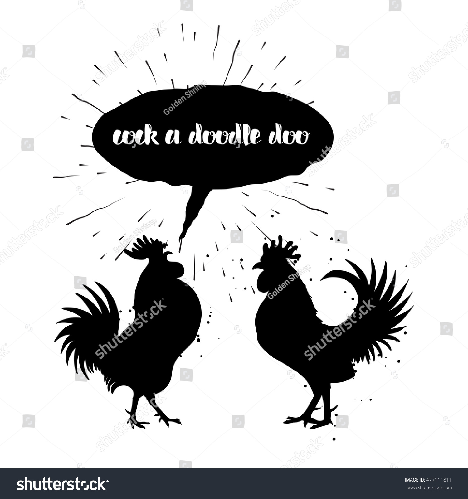 SVG of Cock a doodle doo calligraphy writing in speech bubble. Hipster design with roosters. Hand drawing morning roosters birds on white background. svg