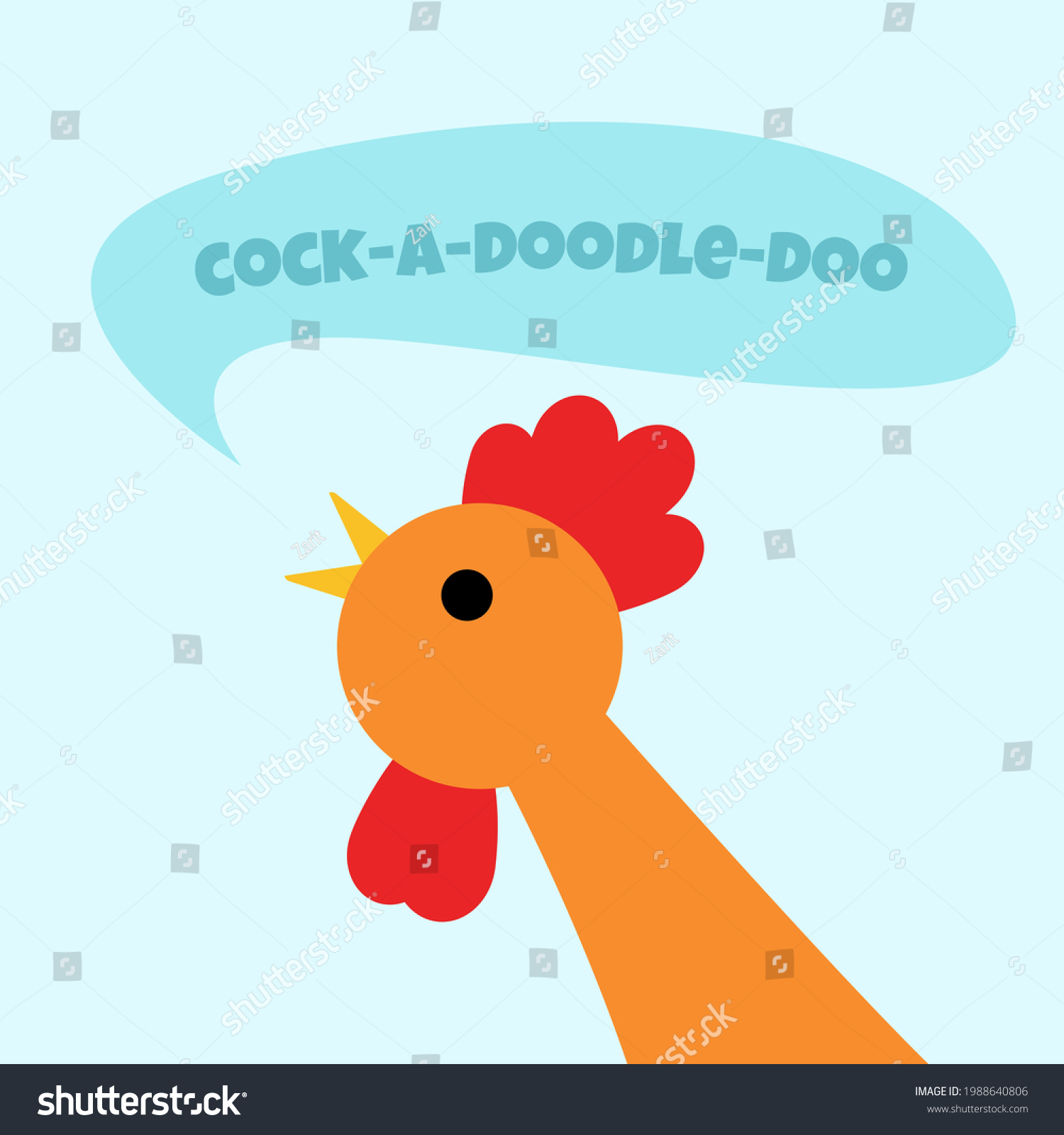 SVG of Cock head and speech bubble. Cock-a-doodle-doo text. Close-up portrait of a singing rooster in flat cartoon style. Vector illustration svg