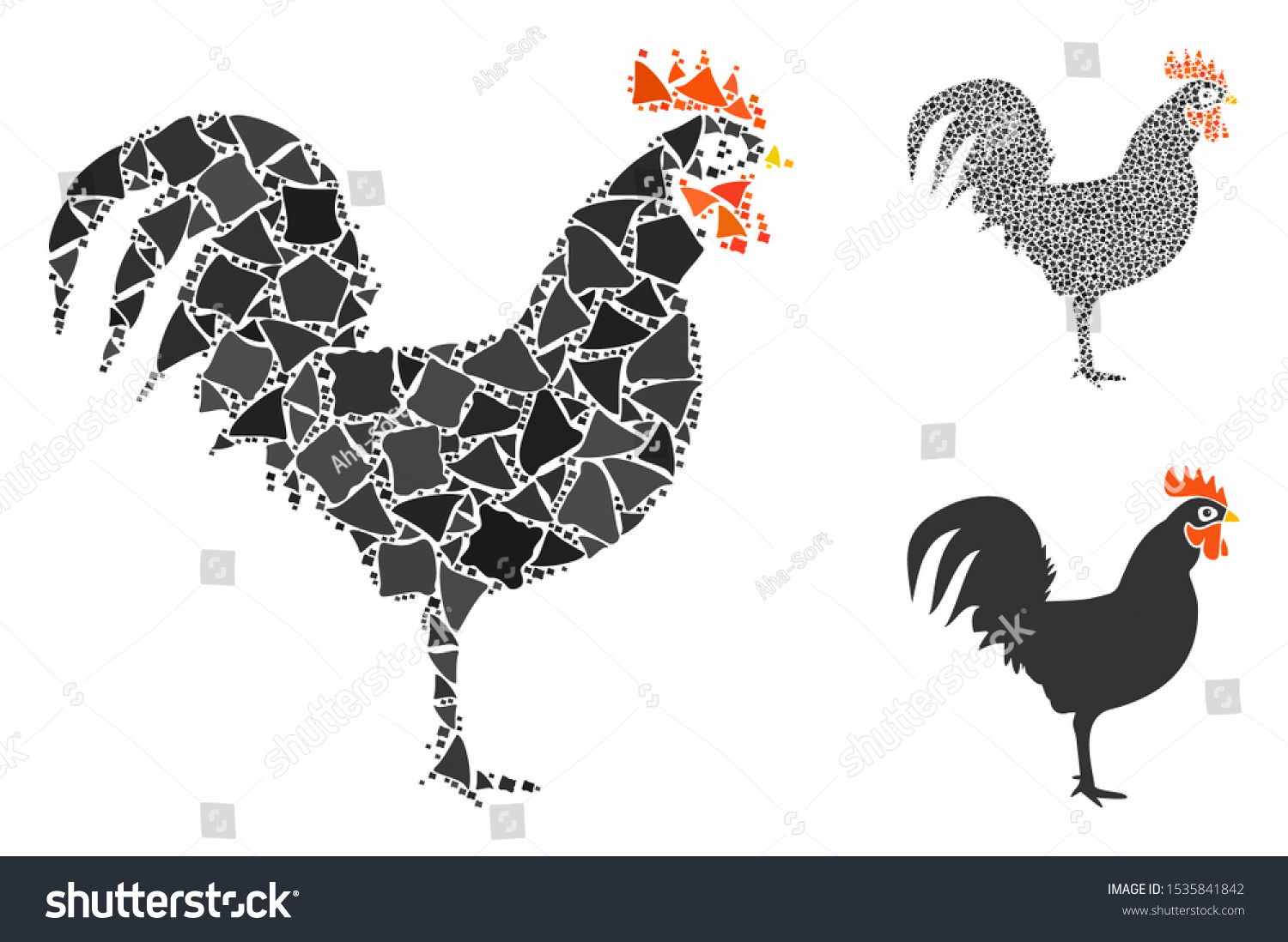 SVG of Cock mosaic of humpy parts in variable sizes and shades, based on cock icon. Vector trembly parts are organized into mosaic. Cock icons collage with dotted pattern. svg