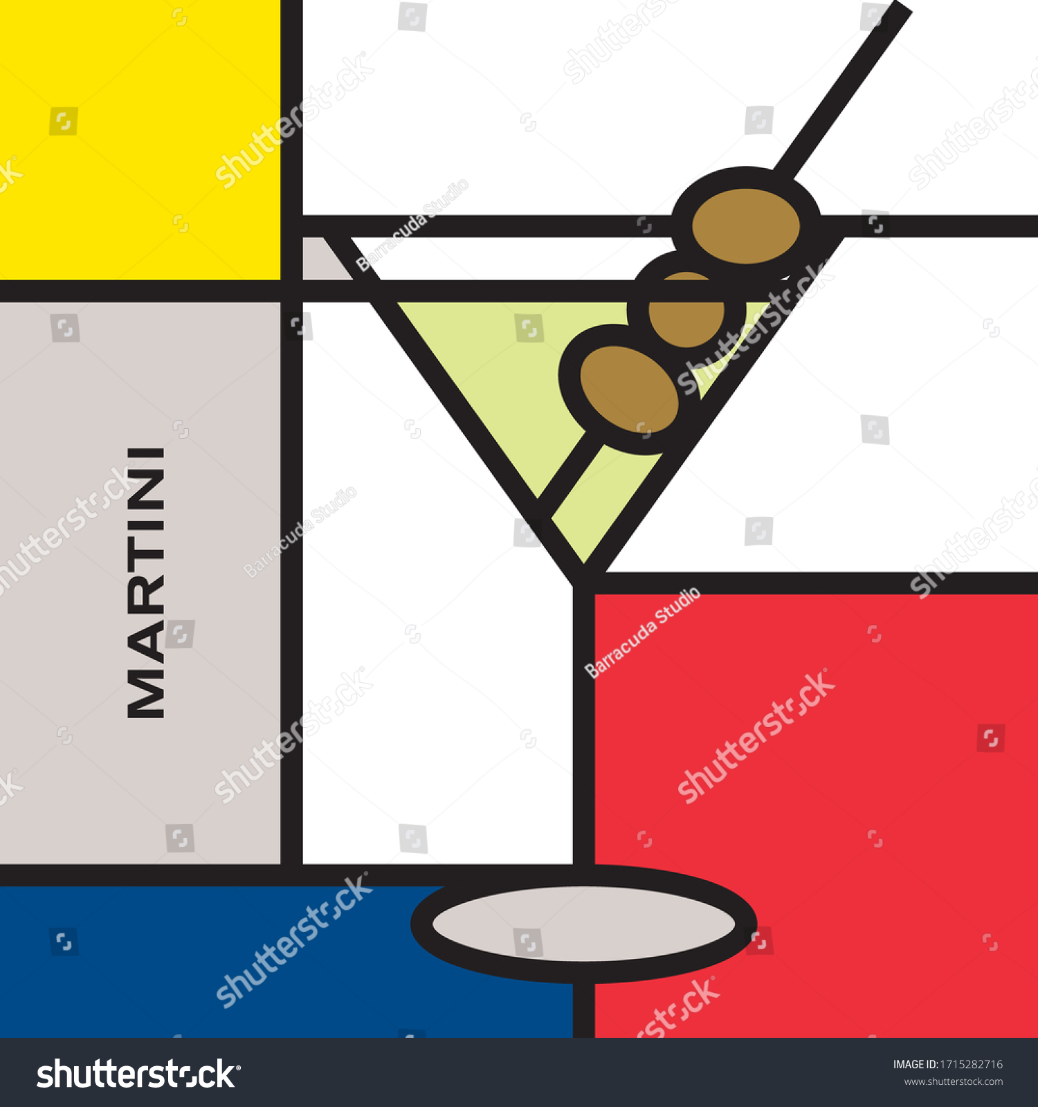 SVG of Cocktail glass with Martini cocktail. Modern style art with rectangular color blocks. Cocktail with olive fruit. Piet Mondrian style pattern. svg