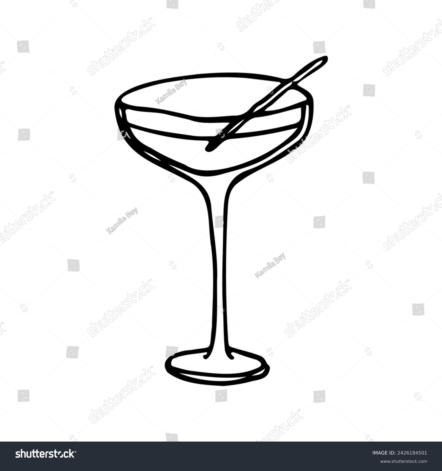 SVG of cocktail in a martini glass on a long stem with a stick or toothpick. hand drawn cocktail drawing svg