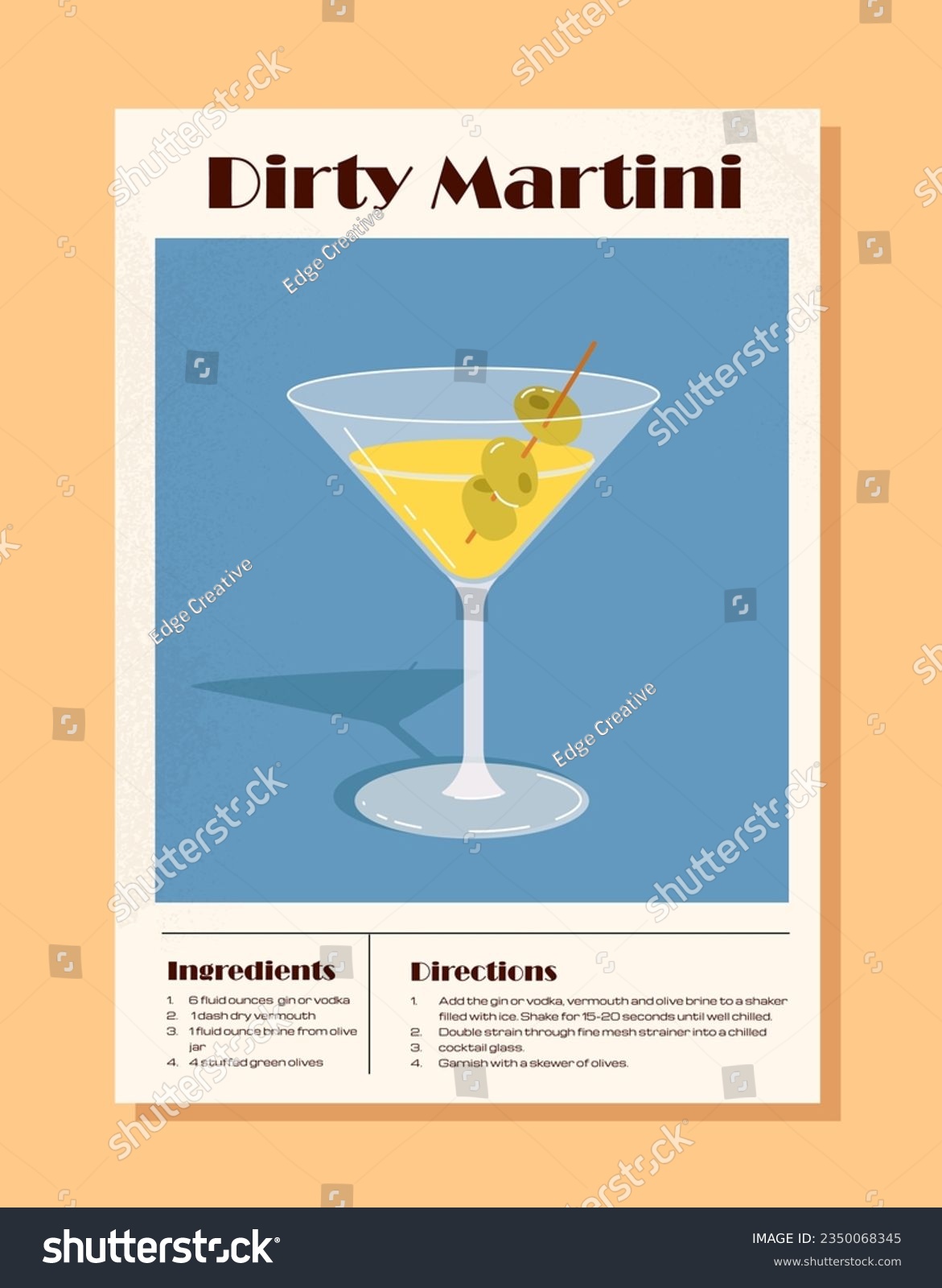 SVG of Cocktail recipe banner. Ingredients for Dirty Martini. Alcoholic drinks in glass with olive. Poster or cover for website. Cartoon flat vector illustration isolated on beige background svg