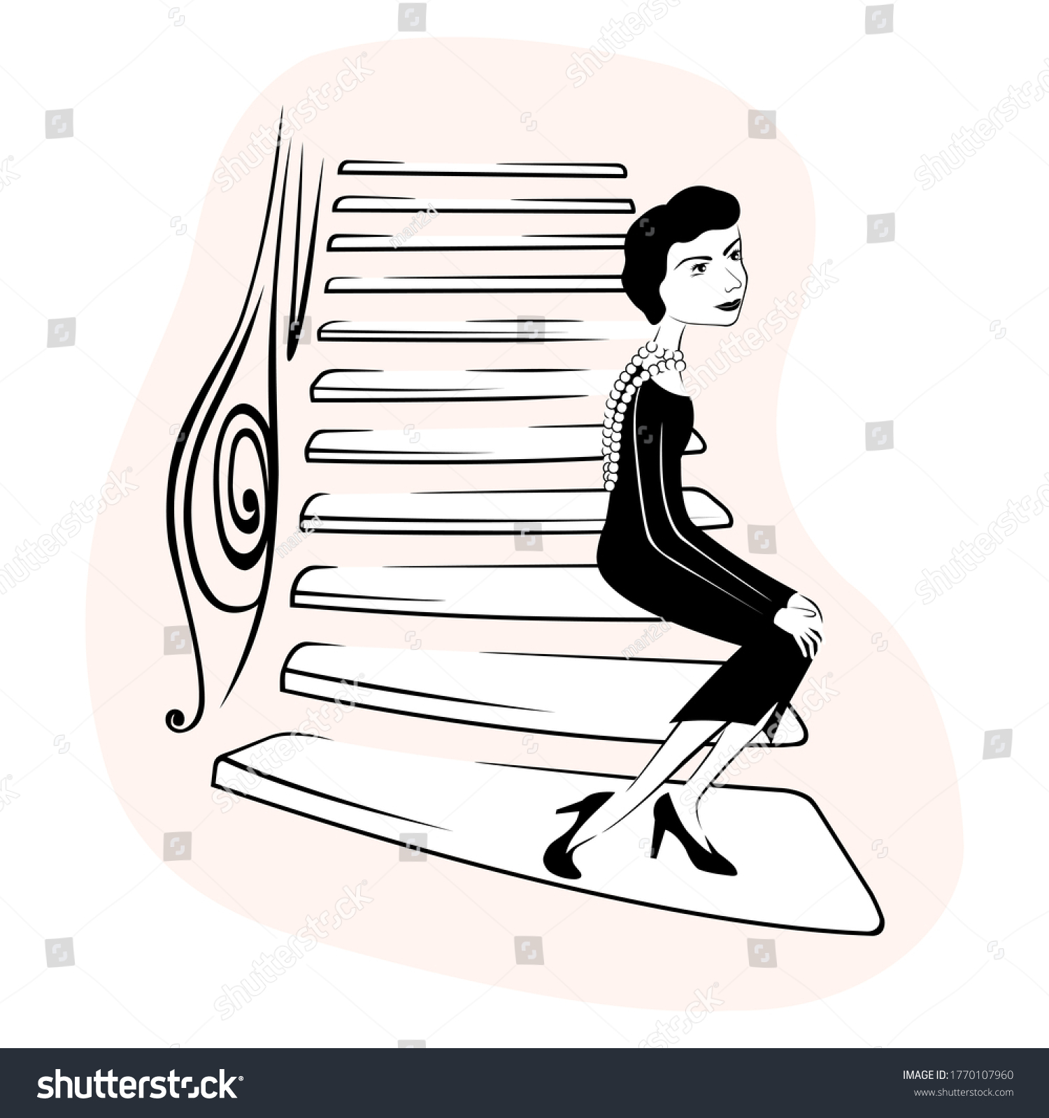 SVG of Coco Chanel on the stairs of a fashion house at 31 rue cambon. hand drawn style black and white. vector svg