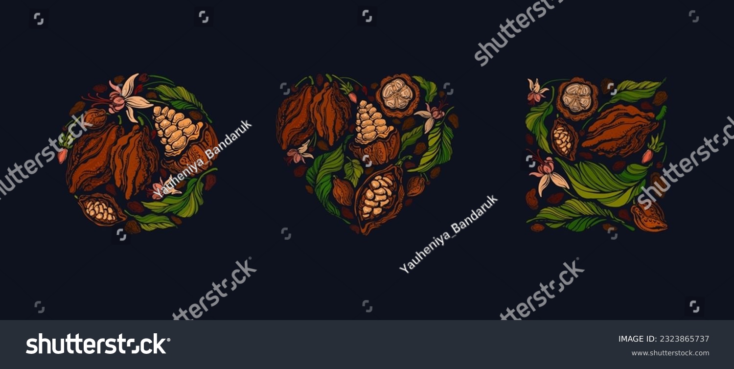 SVG of Cocoa form collection. Organic black chocolate. Raw beans, green leaves with aroma fruits. Color label for cafe, sweet design svg