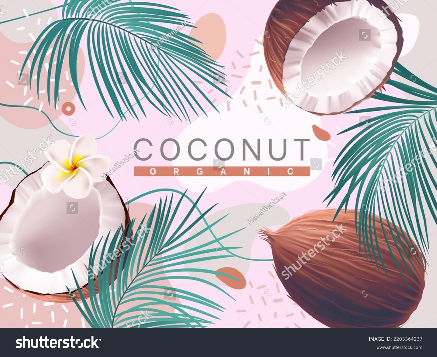 SVG of Coconut background. Oil and cosmetic label backdrop, realistic coco and palm leaves on abstract pink texture. Nut milk, vegan fruit, fresh nature food. Beach poster. Vector illustration svg