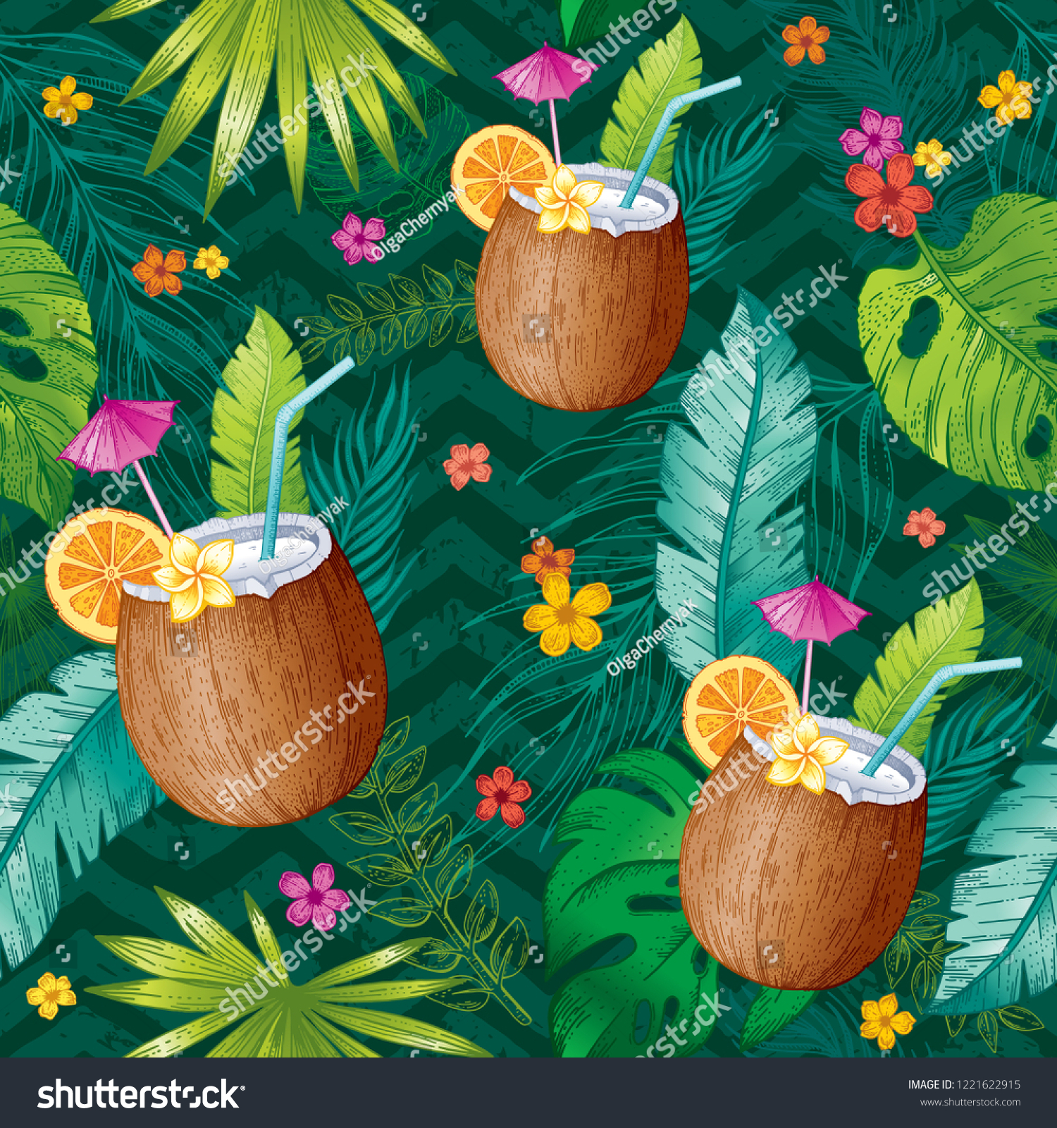 SVG of Coconut cocktail seamless pattern. Tropical coco fruit textile print for apparel. Hand drawn sketch texture. Realistic color drink with tropical palm leaves. Vector illustration isolated background svg