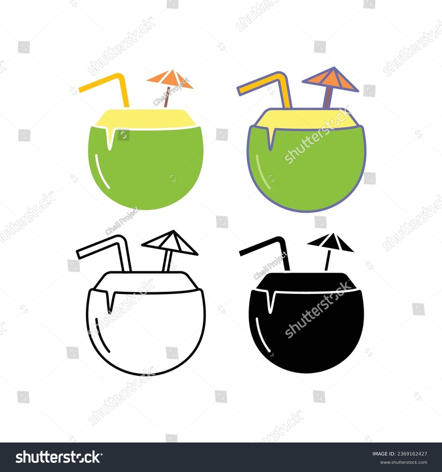 SVG of Coconut cocktail with umbrella and straw. Summer cocktail coconut milk drink juice with garnish. Fresh coco milk beverage in beach vacation icon. Vector illustration Design on white background. EPS10 svg