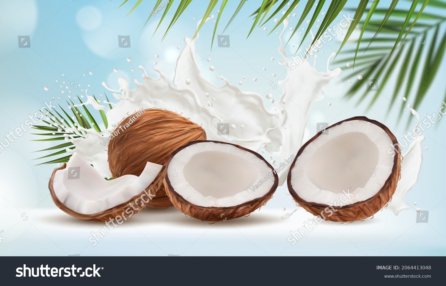 SVG of Coconut milk splash and palm leaves, vector bokeh background. Cracked coconut nuts on milk splash with tropical exotic blue bokeh background for food sweets, spa cosmetics or cream packaging svg