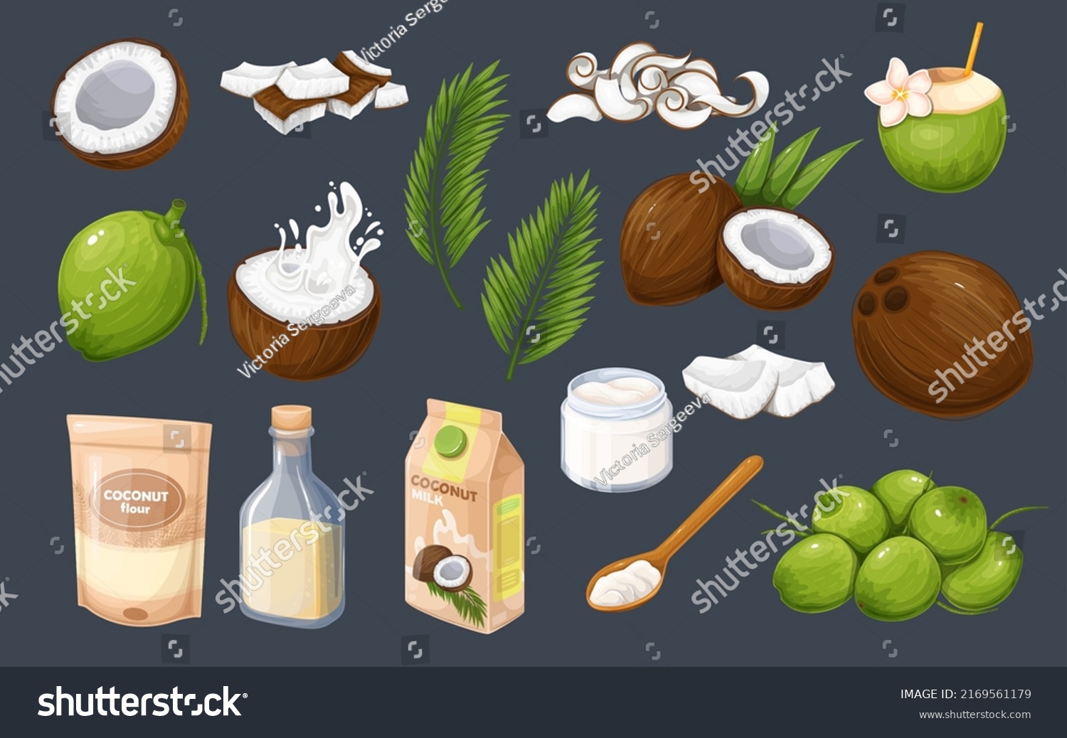 SVG of Coconut set vector illustration. Cartoon isolated whole coconuts pile and fruit cut in half with splash of fresh juice, slices and sections, tropical coco palm leaf, milk and oil grocery products svg