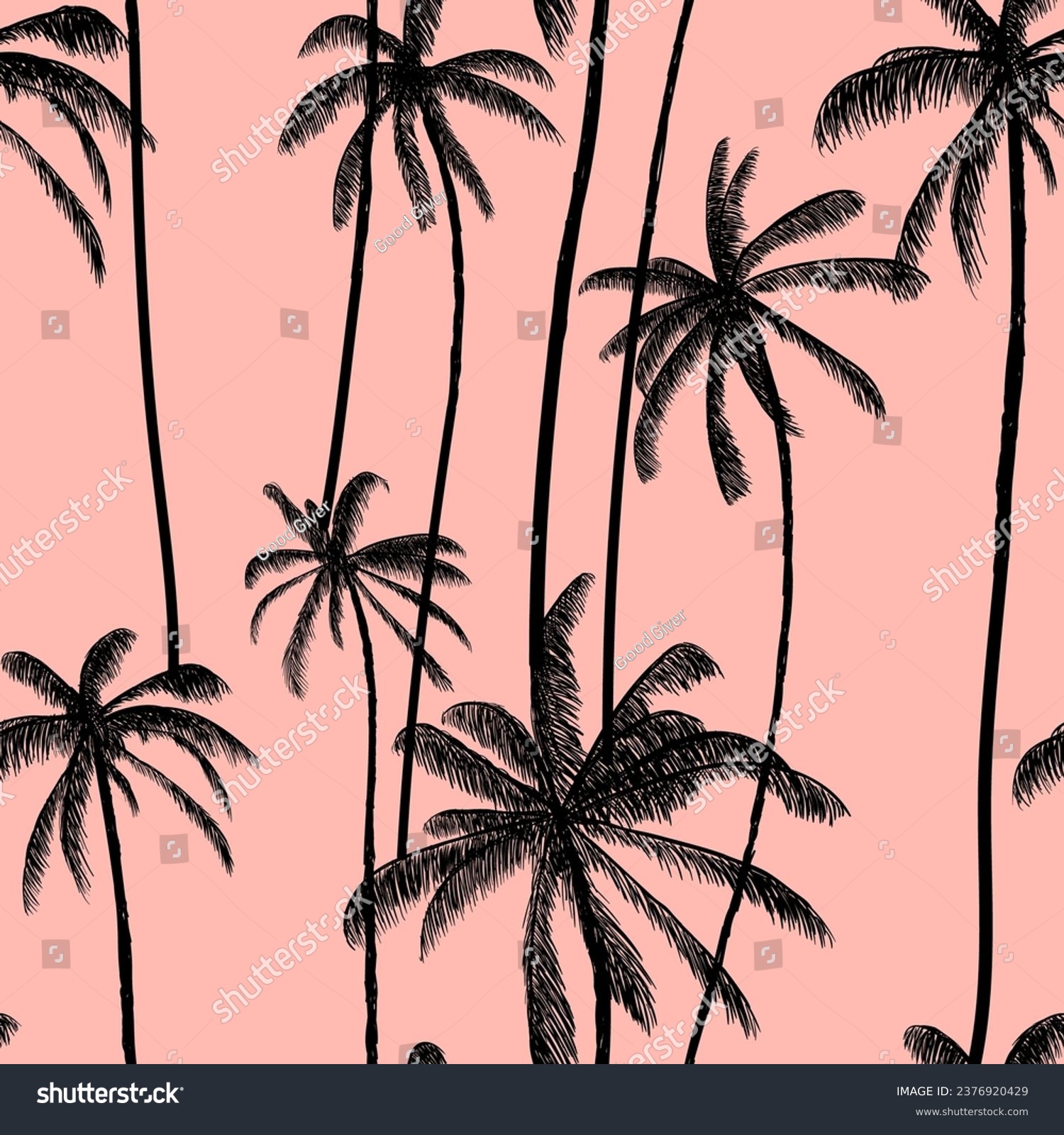 SVG of Coconuts palms on beach seamless pattern.  Botanical pale pink background. Hawaiian beach swimwear texture. Vector illustration background. svg