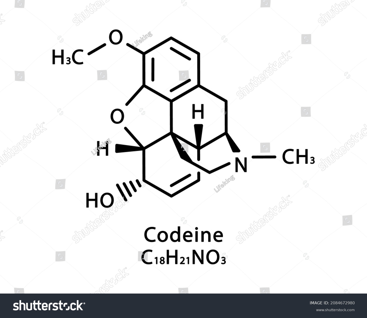 SVG of Codeine molecular structure. 3-Methylmorphine skeletal chemical formula. Chemical molecular formula vector illustration svg