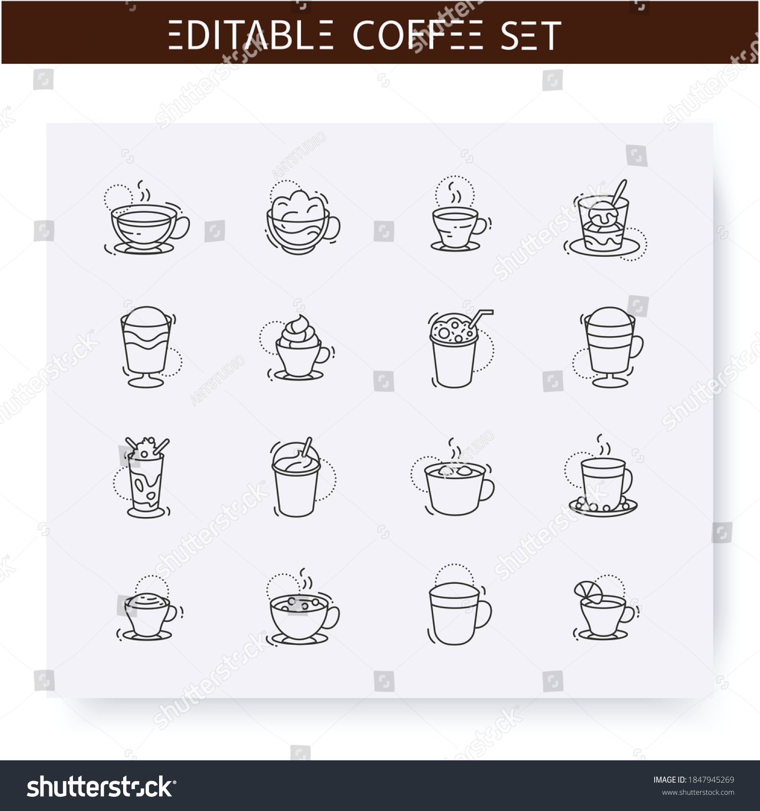 SVG of Coffe drinks types line icons set. Americano, frappe, latte and more. Coffeemania. Coffeehouse menu. Different caffeine drinks receipts concept. Isolated vector illustration. Editable stroke  svg