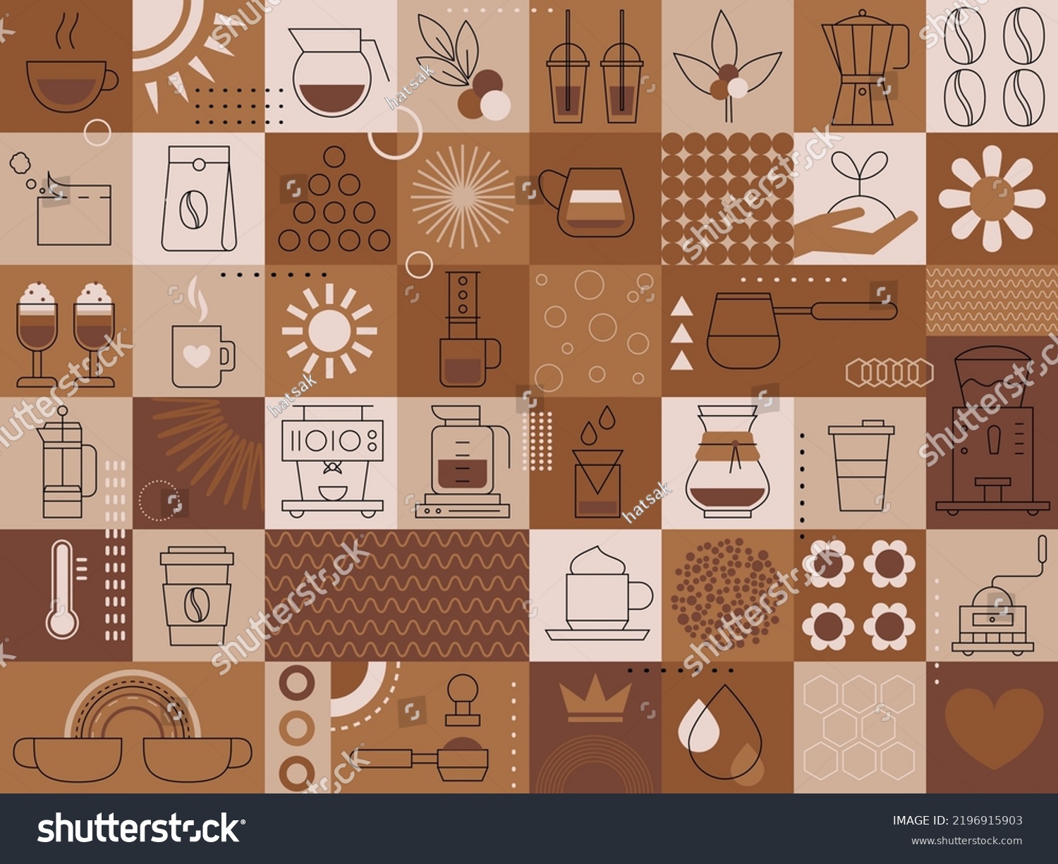 SVG of Coffee background. Set of coffee signs, icons, symbols for menu design. Cappuccino, americano, espresso, mocha, latte. Various coffee drinks set. Cups, beans and coffee makers. Broun design svg