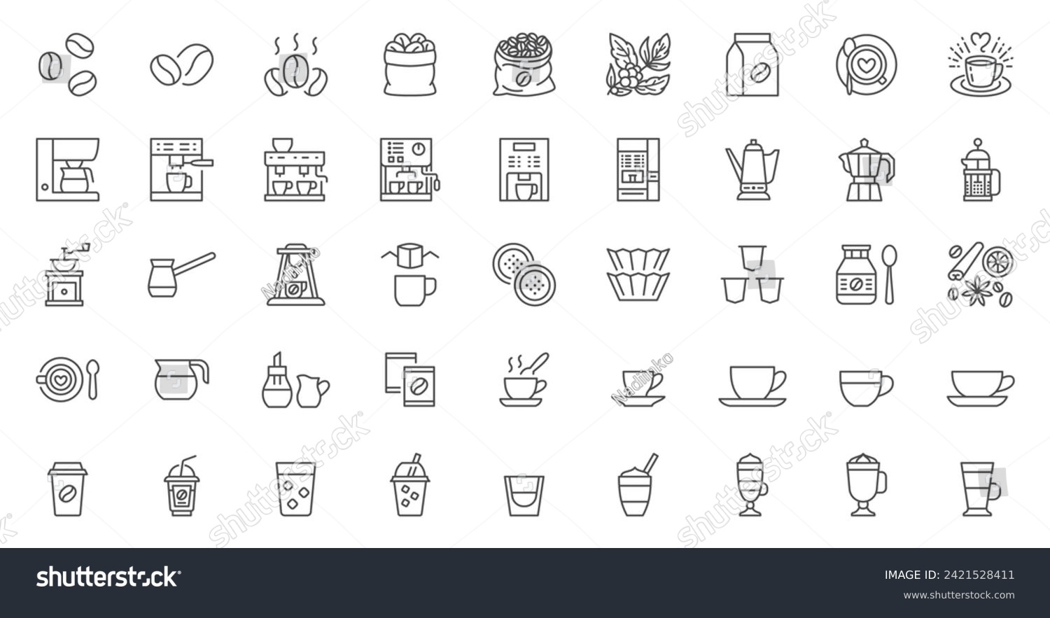 SVG of Coffee line icon set. Beans bag, roasting, turkish cezve, drip pods, percolator, chorreador, filters, capsules, espresso vector illustrations. Simple outline signs for cafe menu. Editable Stroke svg