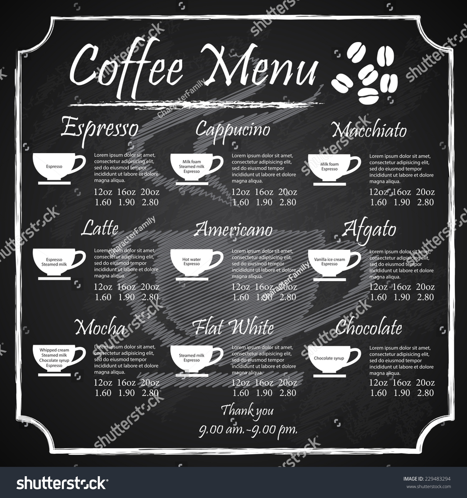 Coffee Menu Stock Vector Illustration 229483294 : Shutterstock