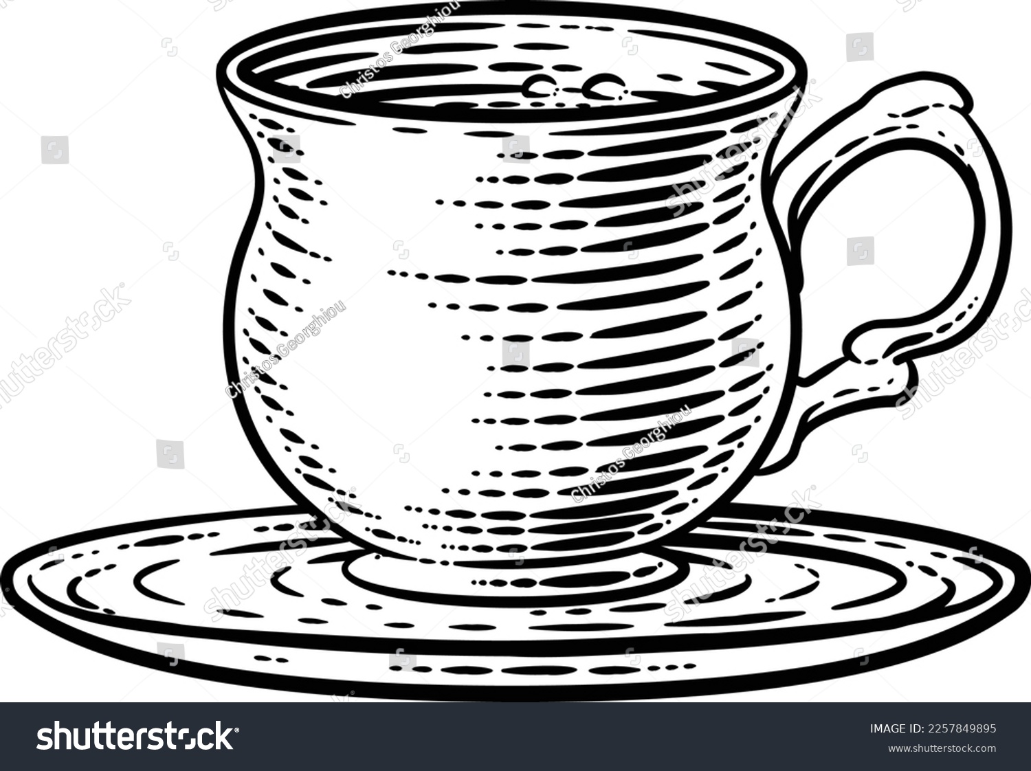 SVG of Coffee or tea cup hot drink mug in a vintage retro woodcut etching style. svg