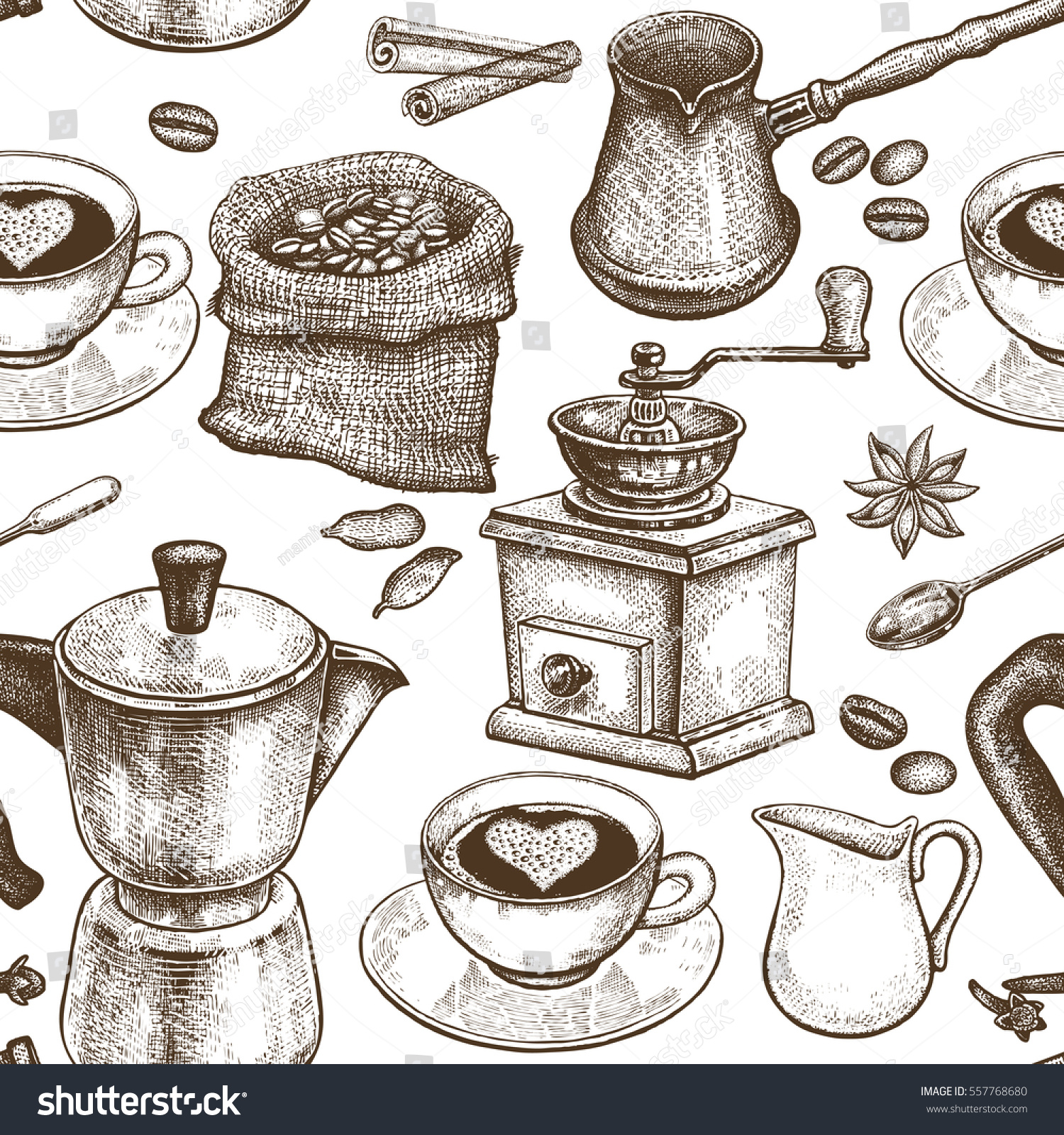 SVG of Coffee pot, coffee grinder, coffee cups, donuts, Turkish ibrik, jug of milk. Seamless vector pattern. Black and white art illustration. Vintage. Kitchen design for textiles, paper, packaging, wrapping svg