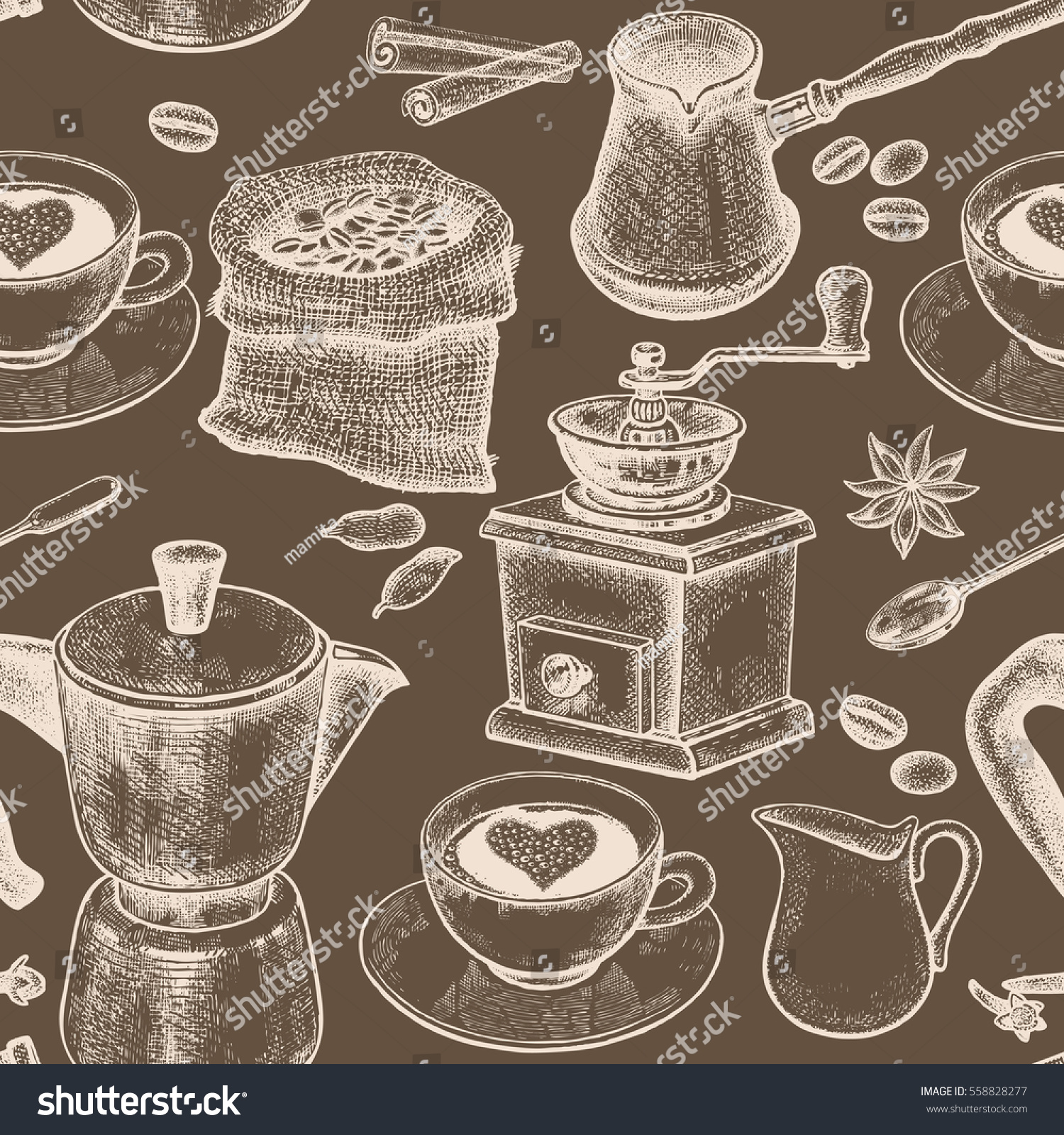 SVG of Coffee pot, coffee grinder, coffee cups, donuts, Turkish ibrik, jug of milk. Seamless vector pattern. Black and white art illustration. Vintage. Kitchen design for textiles, paper, packaging, wrapping svg
