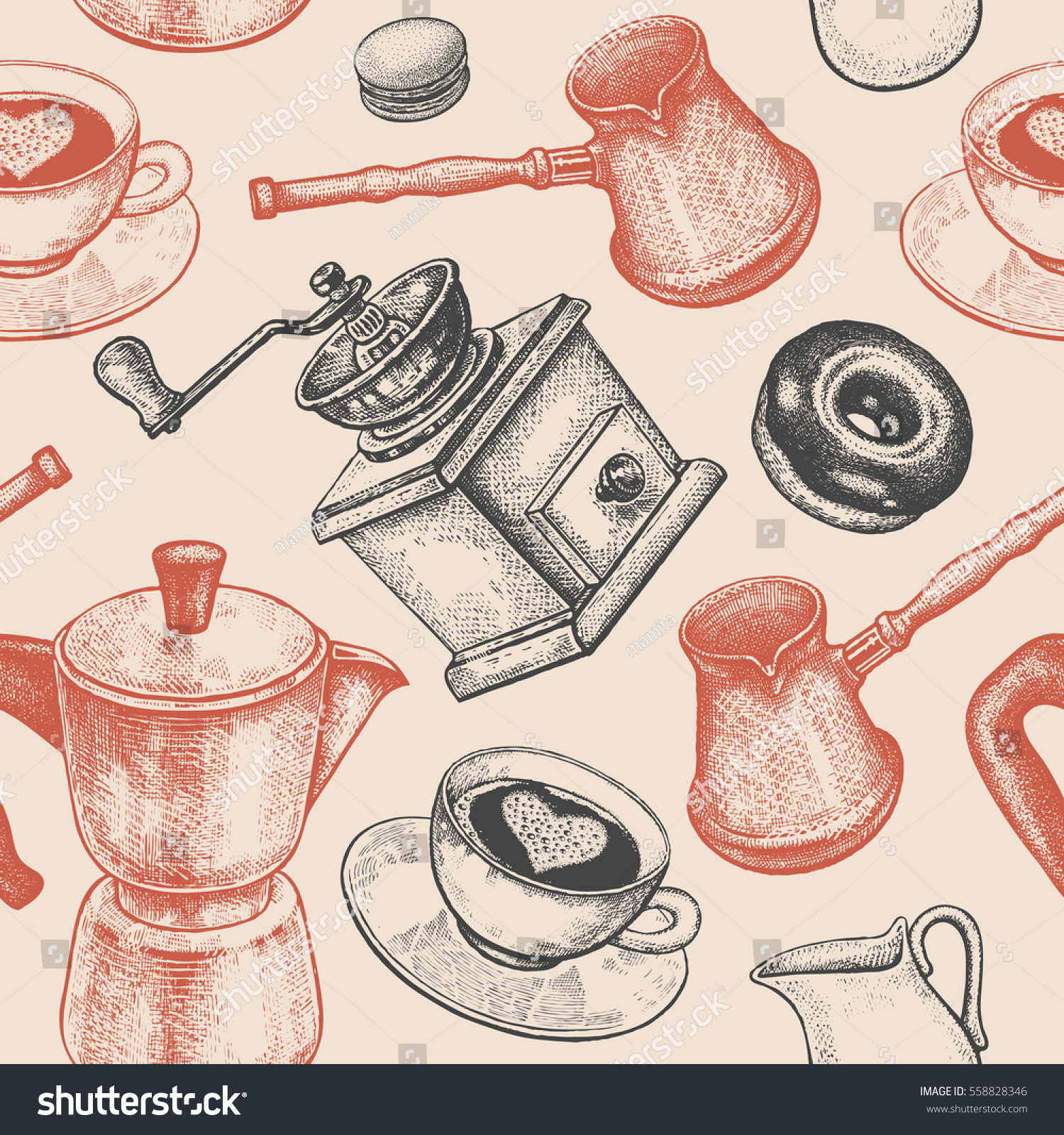 SVG of Coffee pot, coffee grinder, coffee cups, donuts, Turkish ibrik, jug of milk. Seamless vector pattern. Art illustration. Vintage background. Kitchen design for textiles, paper, packaging, wrapping. svg
