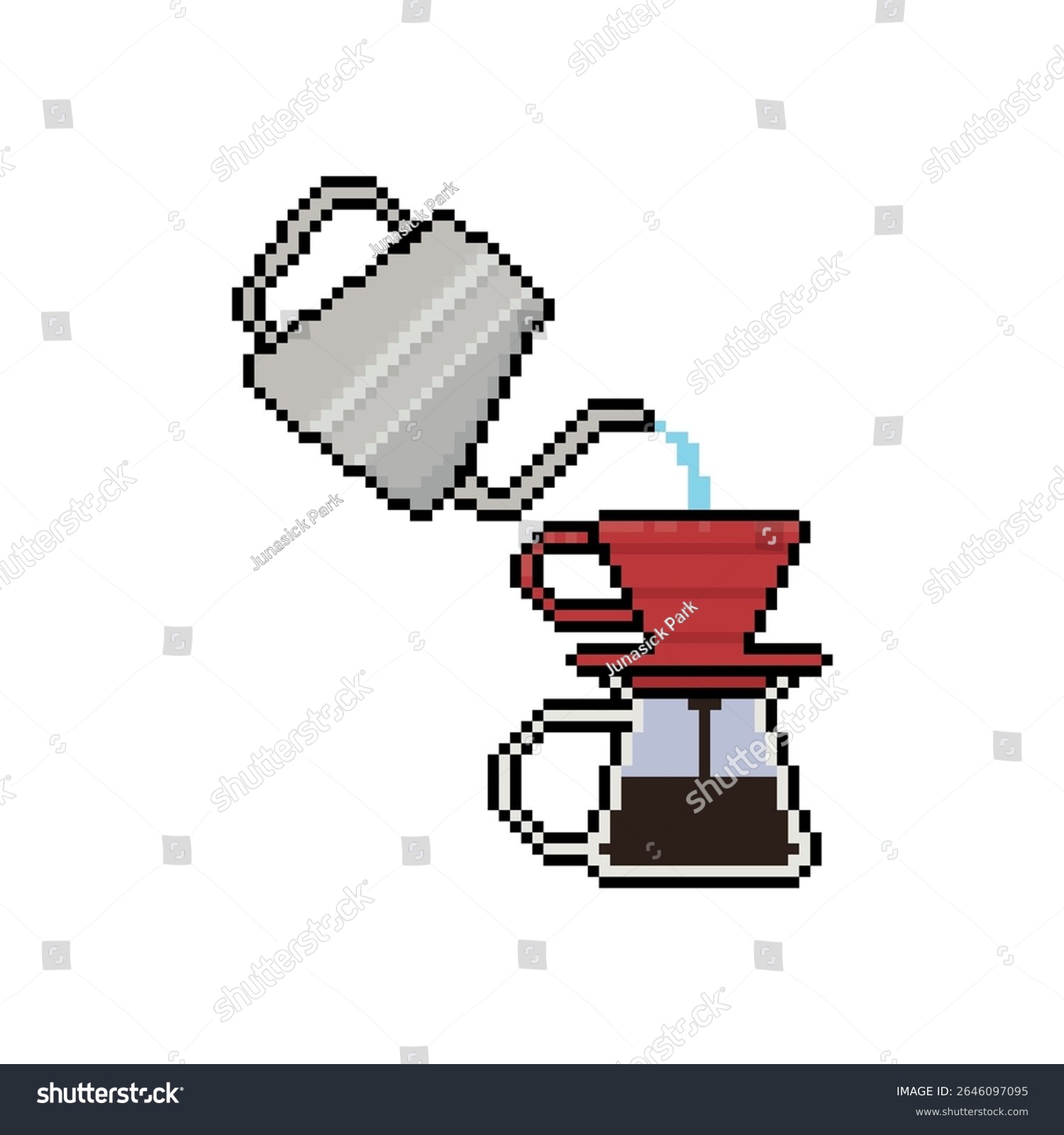 pixel art coffee pouring, red filter, gray kettle clip art preview
