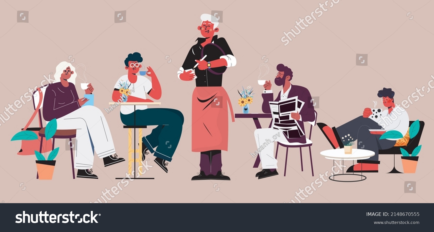 SVG of Coffee restaurant icons waiter customers sketch cartoon characters SVG svg