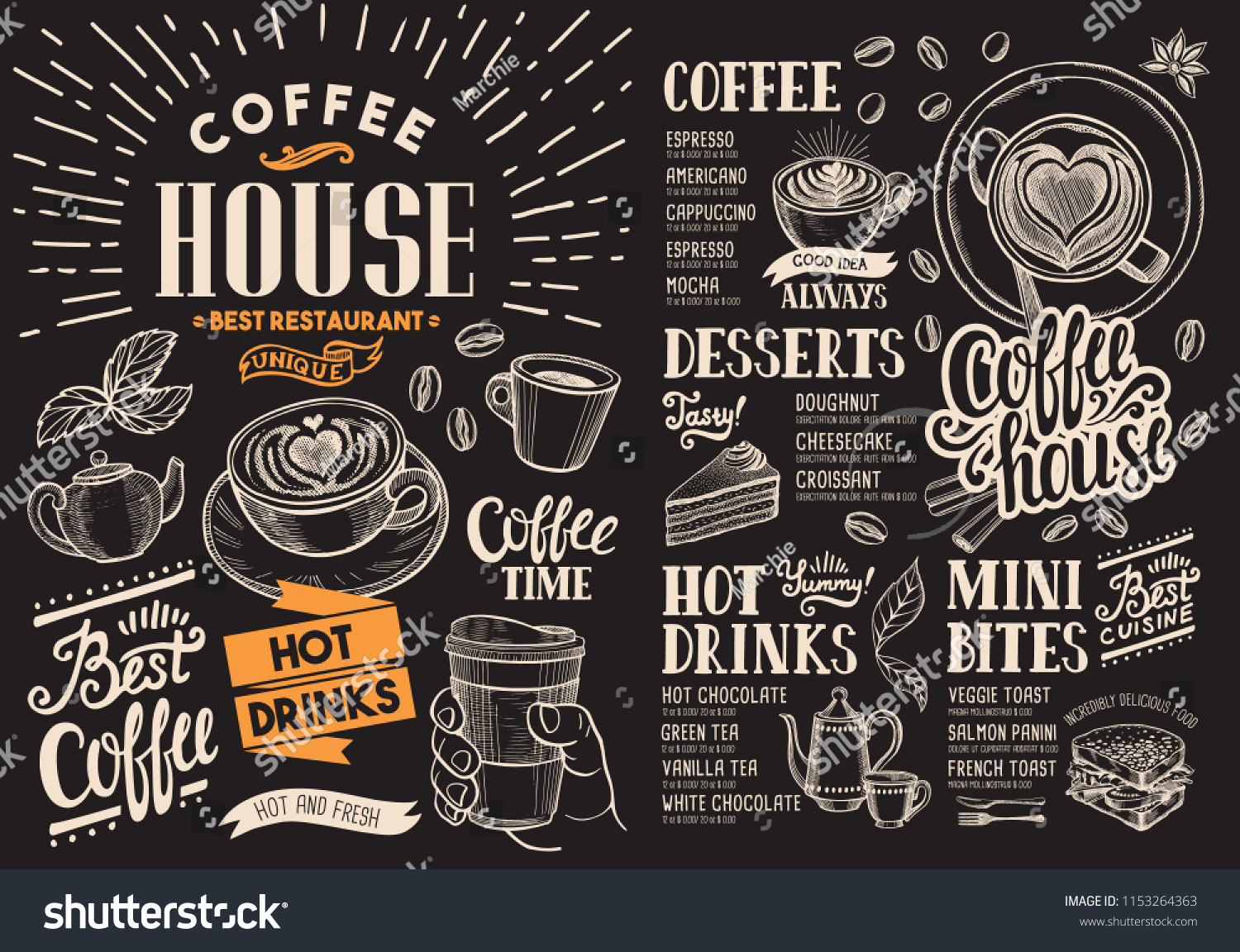 黒板の上にコーヒーレストランのメニュー バーやカフェ用のベクタードリンクフライヤー ビンテージ手描きの食べ物イラストを使ったデザインテンプレート のベクター画像素材 ロイヤリティフリー