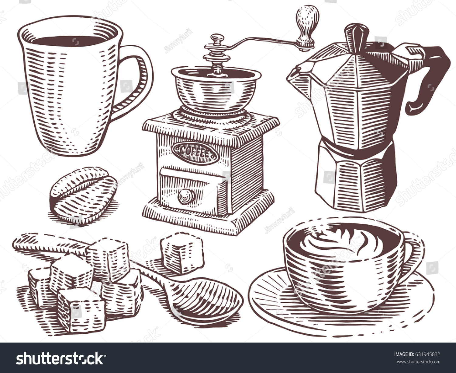 Coffee Set Collection Of Hand Drawn Sketches In Engraving Style Cup Maker Coffee Set Collection Of Hand Drawn Sketches In Engraving Style Cup Maker
