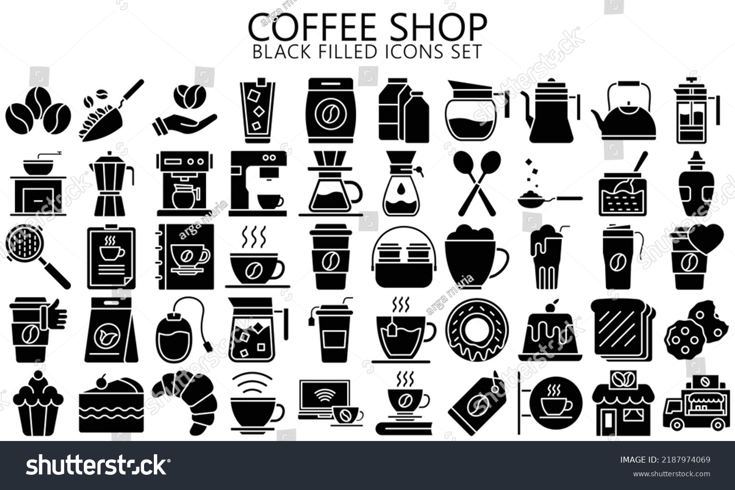 SVG of coffee shop black filled icon set, hot cup, green tea, shop, ice, cocktail, coffee maker, french press, mill, pot, machine, beans, paper. use for UI or UX kit. vector eps 10 ready convert to SVG. svg