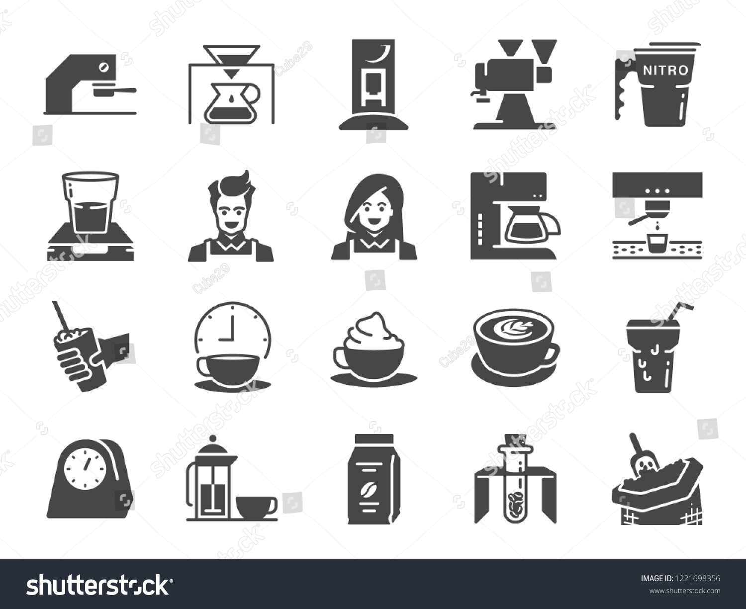 SVG of Coffee shop icon set. Included the icons as cafe, espresso, coffee maker, roaster machine, latte art, barista and more. svg