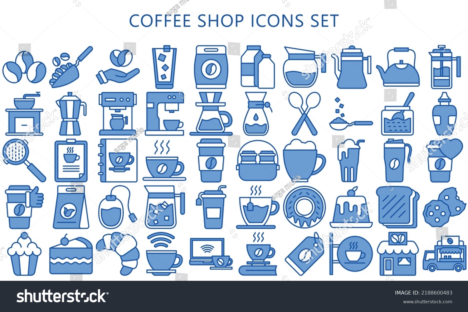 SVG of coffee shop icons set, hot cup, green tea, shop, ice, cocktail, coffee maker, french press, mill, pot, machine, beans, paper. use for modern UI or UX kit and app. vector eps 10 ready convert to SVG. svg