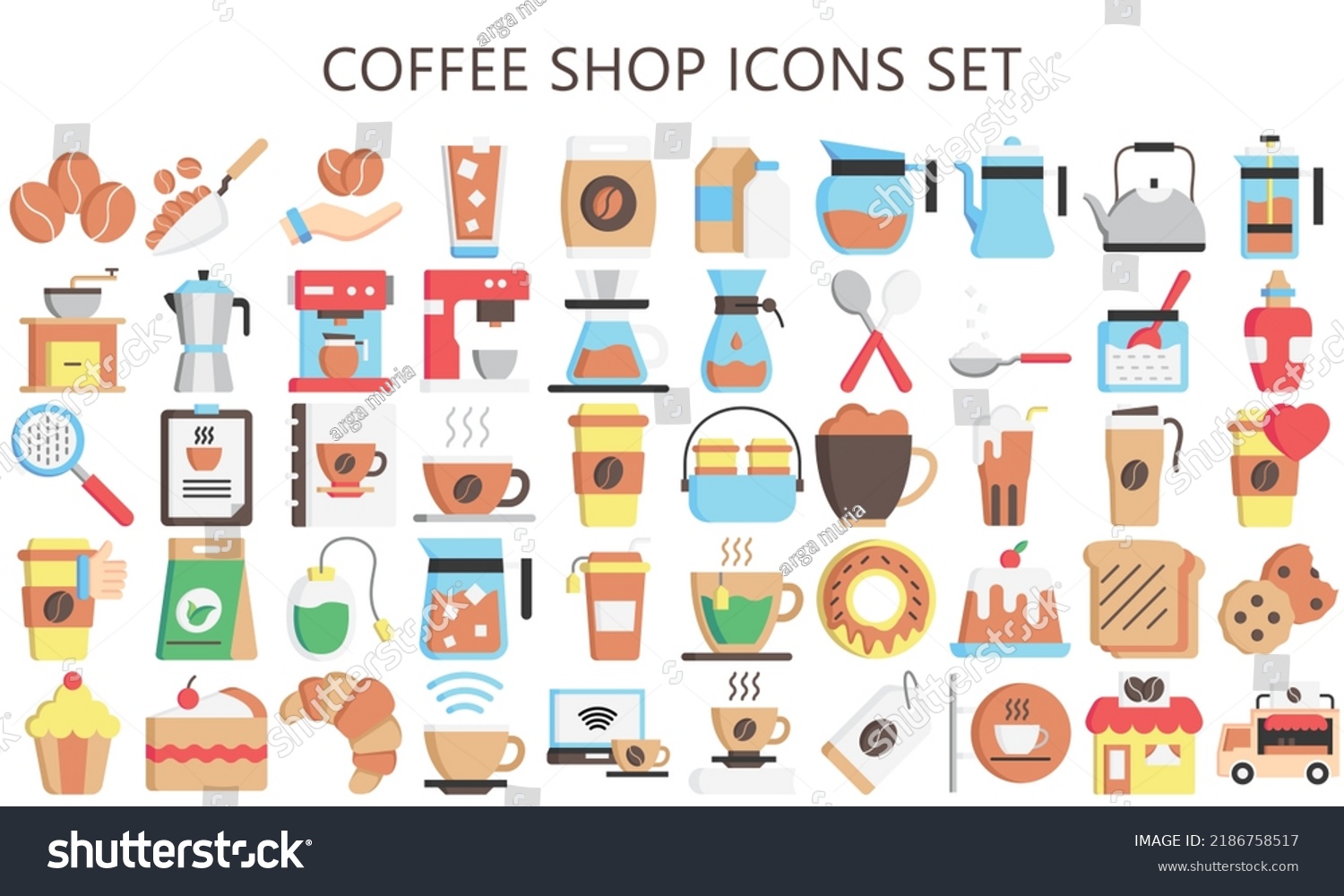 SVG of coffee shop multi color icon set, hot cup, green tea, shop, ice, cocktail, coffee maker, french press, mill, pot, machine, beans, paper. use for UI or UX kit. vector eps 10 ready convert to SVG. svg