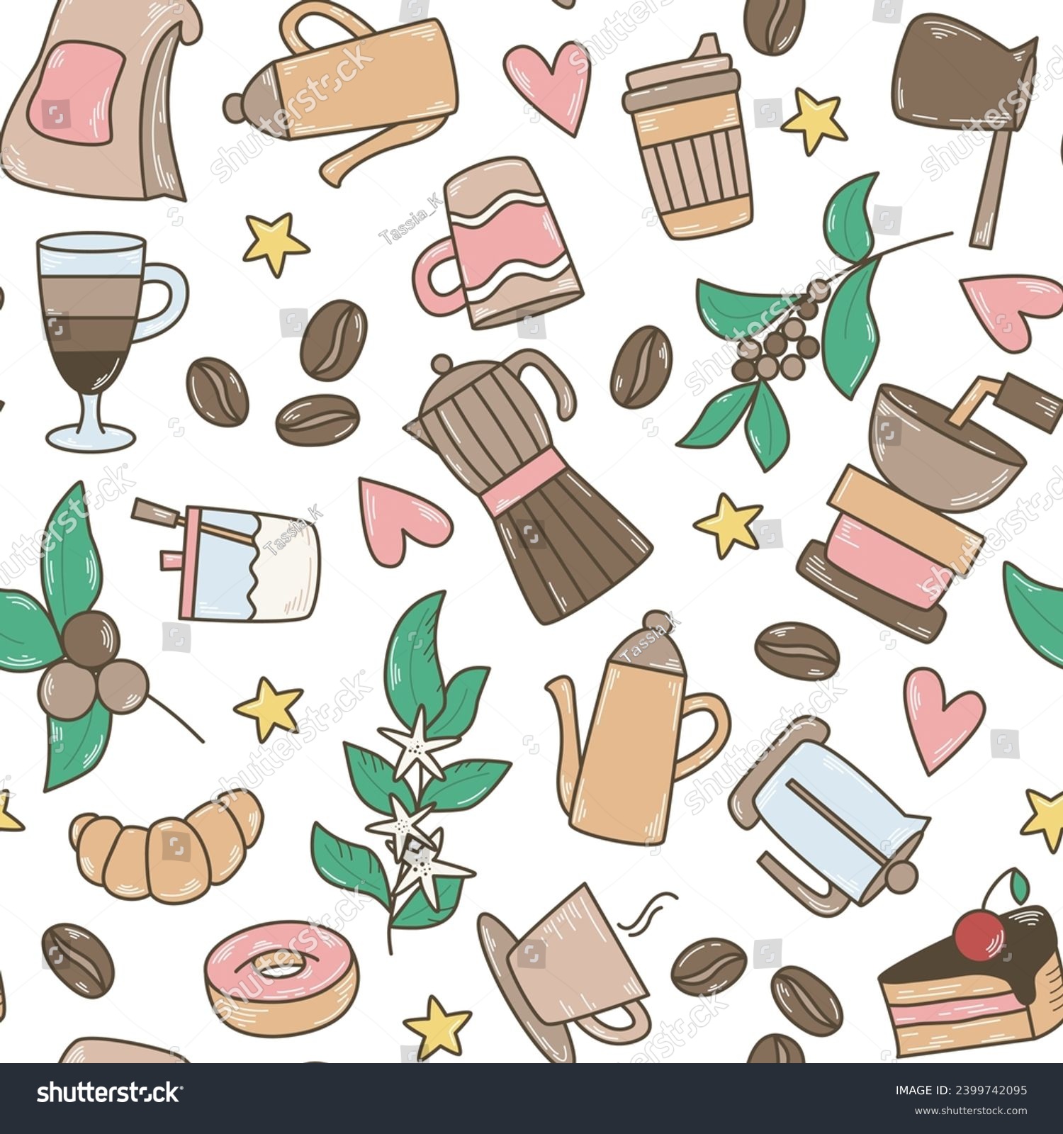 SVG of Coffeemania seamless pattern vector illustration. Background with coffee beans, cappuccino, takeaway coffee, coffeemaker, coffee grinder, sugar. Love of coffee color doodle print for textiles svg