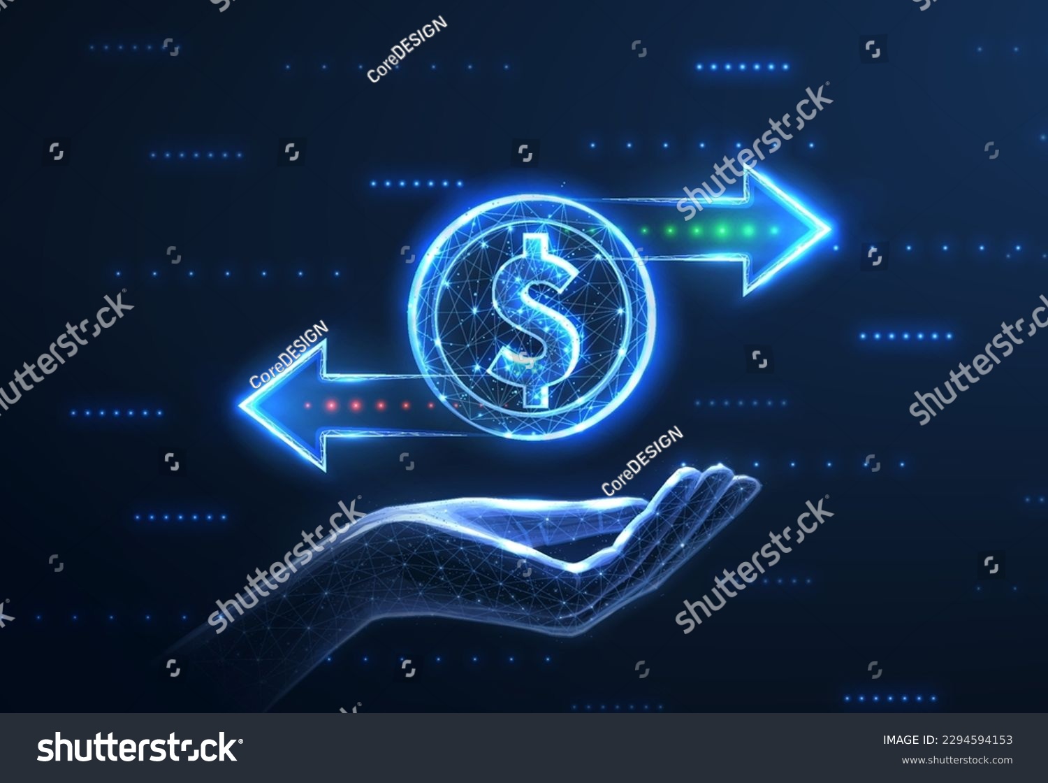 SVG of Coin and two right left arrows on hand. Financial service, Bank transfer, currency exchange, stock investment, cashback rewards, revenue generation, stock market, money transfer concept. svg