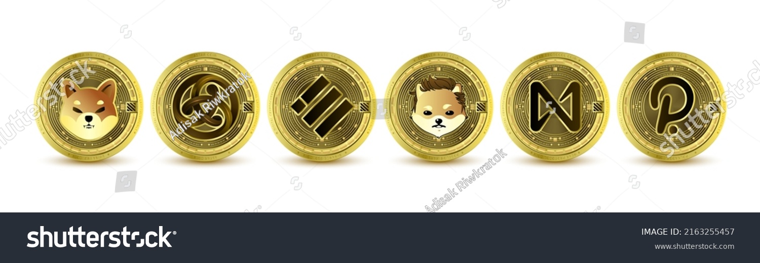 SVG of Coins crypto currencies Shiba Inu, Astar, NEAR Protocol, Binance USD, Polkadot, Dogelon Mars. Future currency on blockchain stock market. Gold token cryptocurrency. Isolated Vector. svg