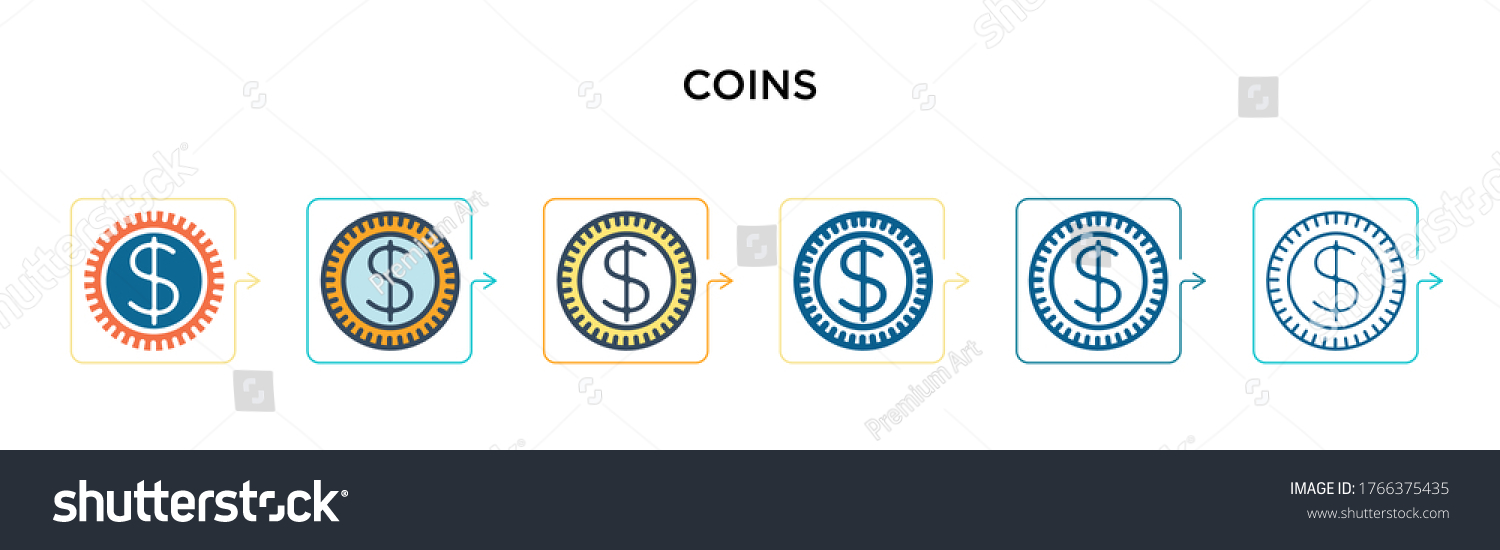 SVG of Coins vector icon in 6 different modern styles. Black, two colored coins icons designed in filled, outline, line and stroke style. Vector illustration can be used for web, mobile, ui svg
