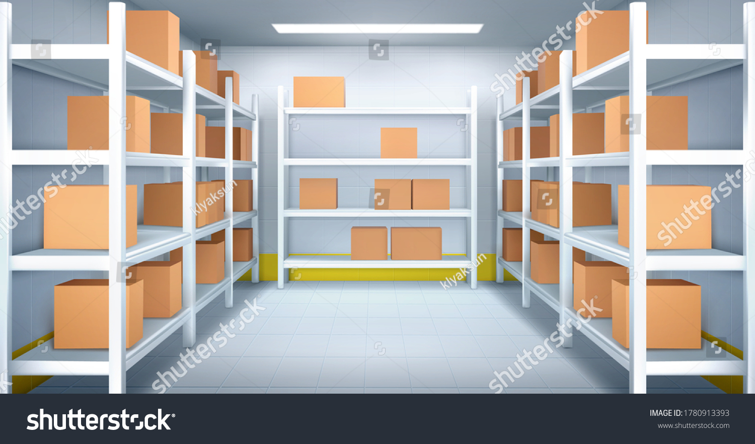 SVG of Cold room in warehouse with cardboard boxes on racks. Vector realistic interior of industrial storage with shelves, tiled walls and floor. Refrigerator chamber in factory, store or restaurant svg