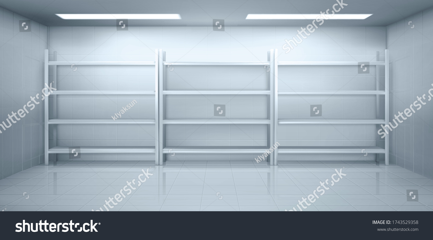 SVG of Cold room in warehouse with empty metal racks. Vector cartoon interior of industrial storage freezer with shelves, tiled walls and floor. Refrigerator chamber in factory, store or restaurant svg