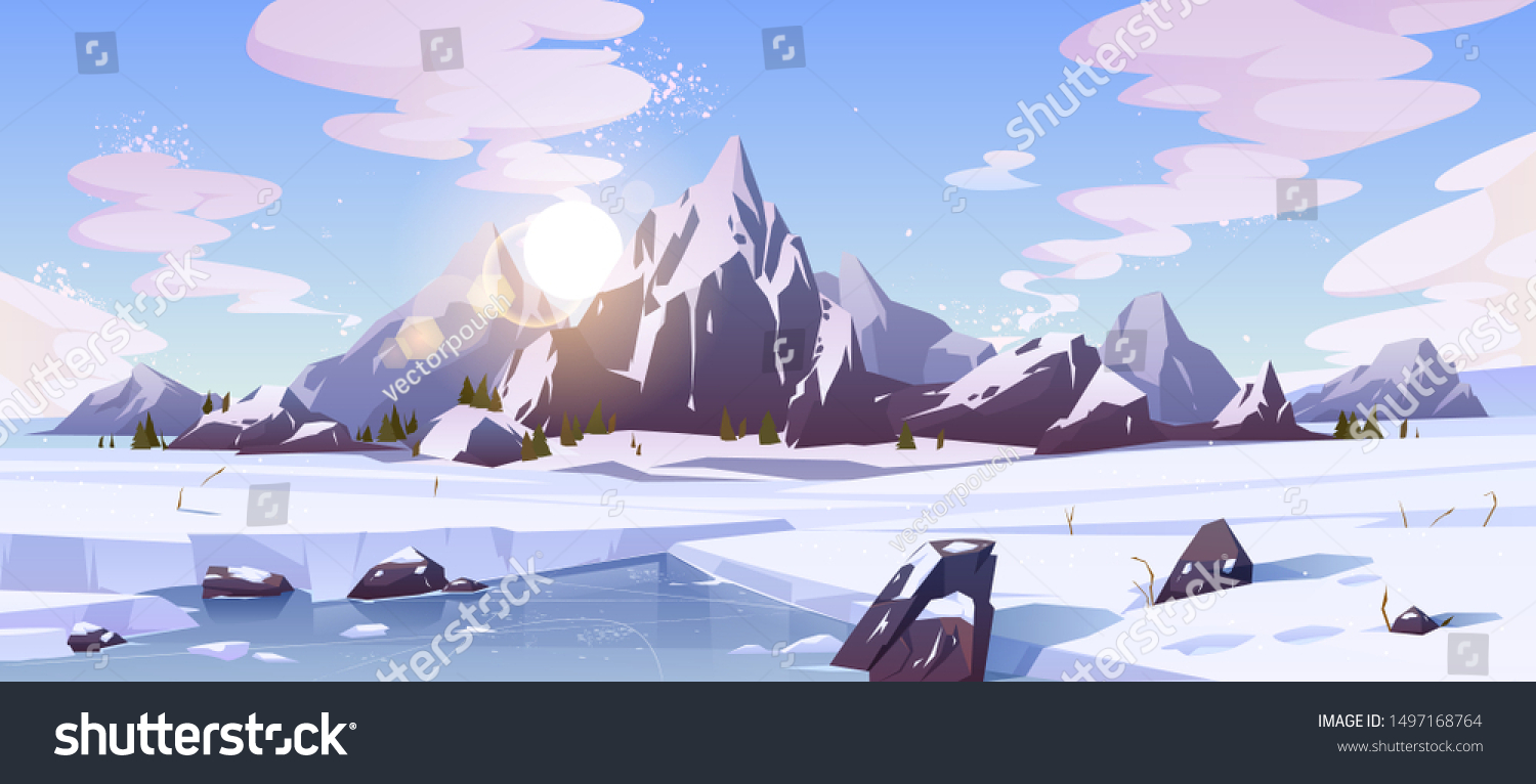 カナダの寒い冬 自然の北の自然の岩だらけの風景の漫画のベクター画像の背景に 山の雪の多い山頂 雪の原 凍った川 湖のイラストの上に朝の日が昇る のベクター画像素材 ロイヤリティフリー