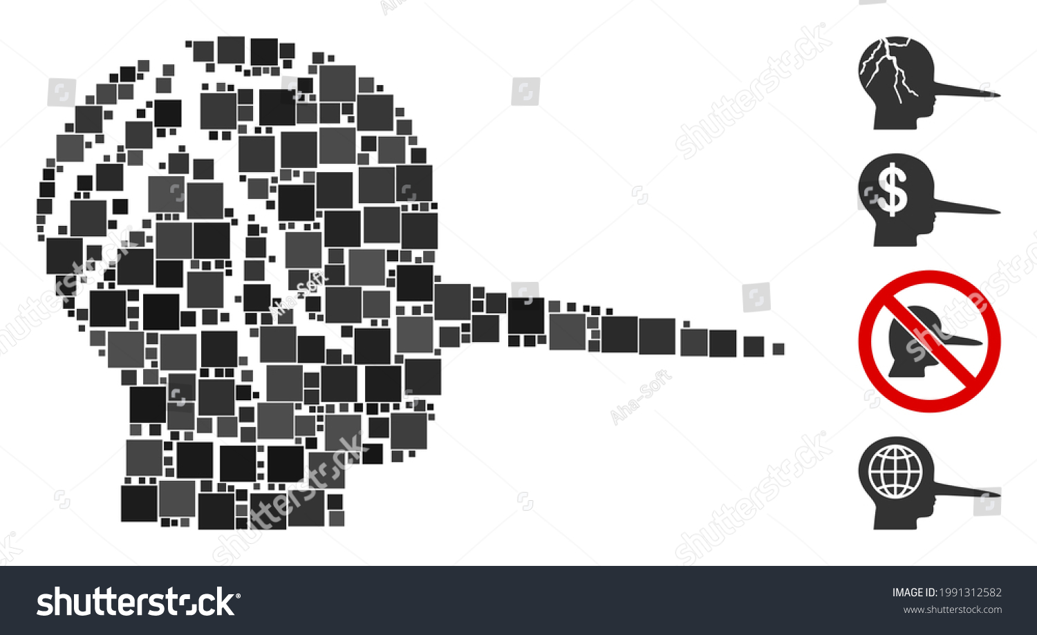 SVG of Collage Corrupted liar icon united from square items in different sizes and color hues. Vector square items are grouped into abstract composition corrupted liar icon. Bonus pictograms are added. svg