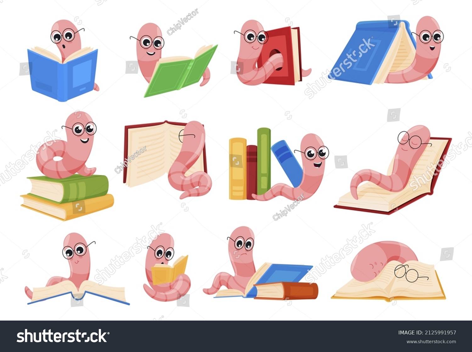 Collection Cute Cartoon Bookworms Vector Flat Stock Vector (Royalty ...